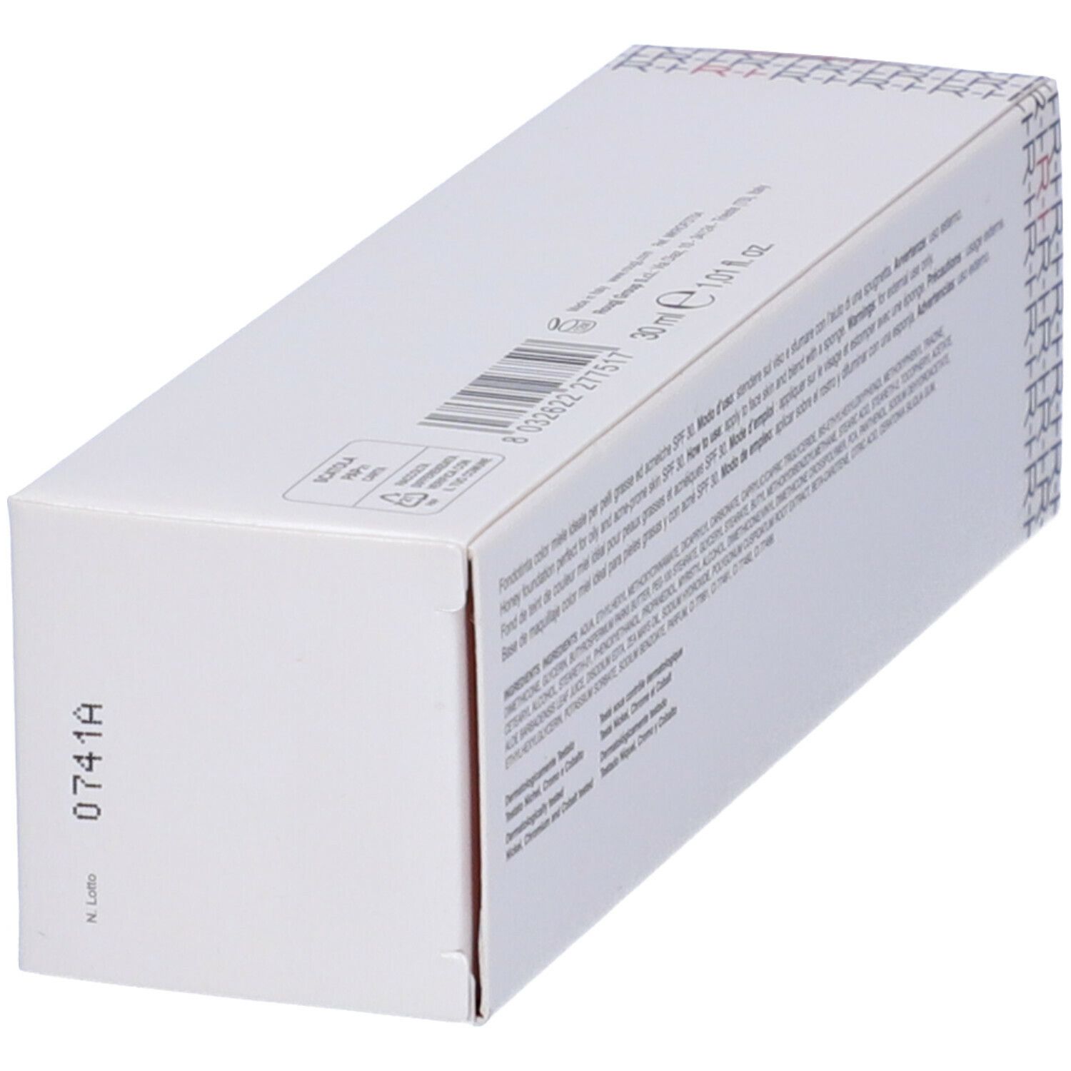 Scatola bianca, vista obliqua. Stampa: ROUGJ+, Fondotinta Antiacne Antisebo SPF 30 Miele. Codice a barre e testo.