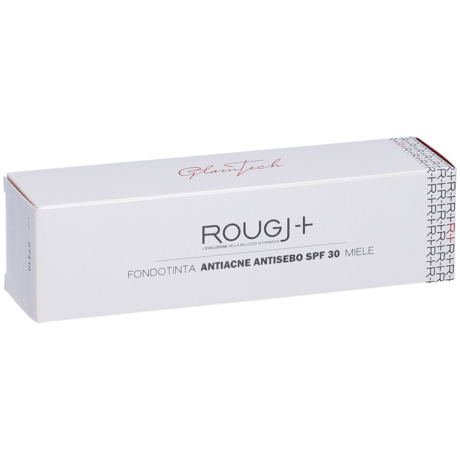 Scatola bianca con nome prodotto ROUGJ+ e descrizione. Testo: Fondotinta Antiacne Antisebo SPF 30 Miele.