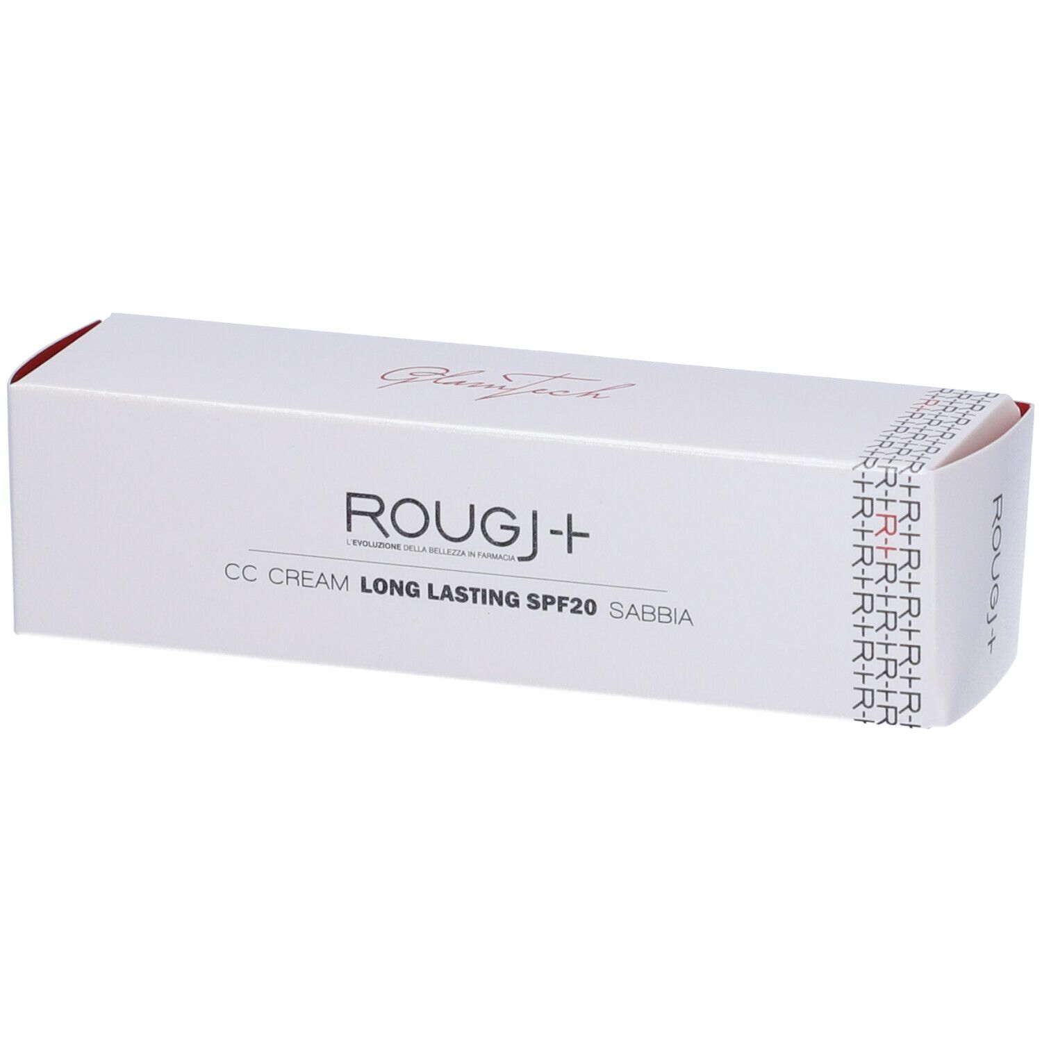 Confezione bianca con nome prodotto ROUGJ+ CC Cream Long Lasting SPF20 Sabbia. Scritta GlamTech.