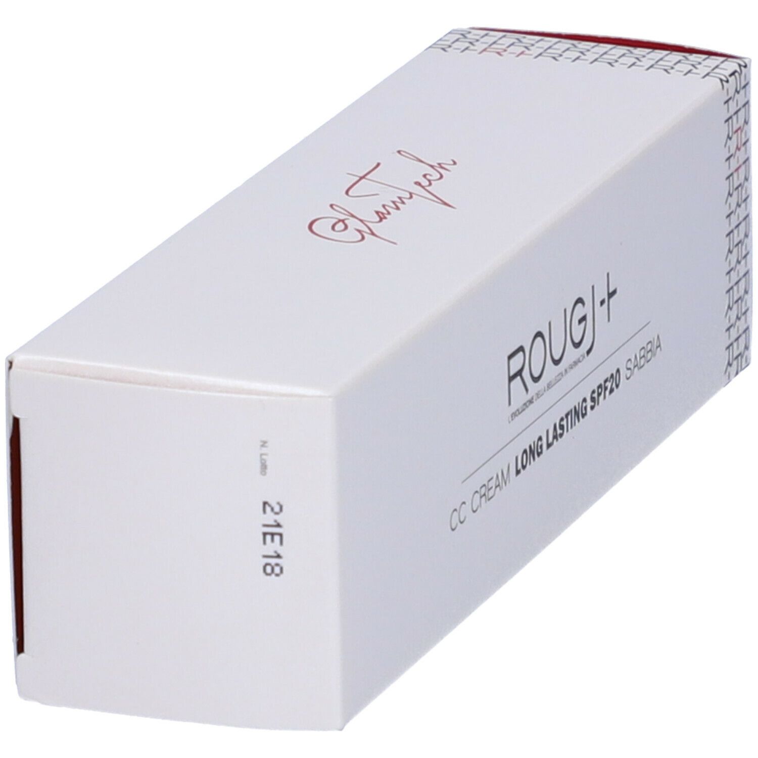 Confezione bianca con nome prodotto ROUGJ+ CC Cream Long Lasting SPF20 Sabbia. Scritta GlamTech. Identificazione laterale.