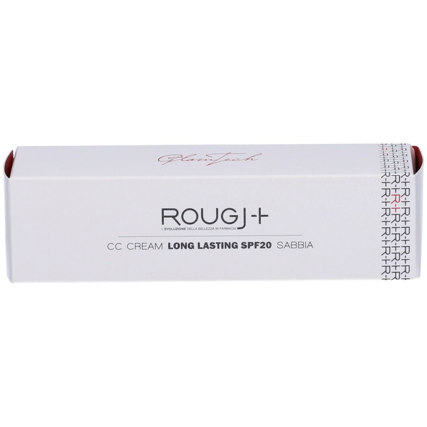 Confezione bianca con nome prodotto ROUGJ+ CC Cream Long Lasting SPF20 Sabbia. Scritta GlamTech.