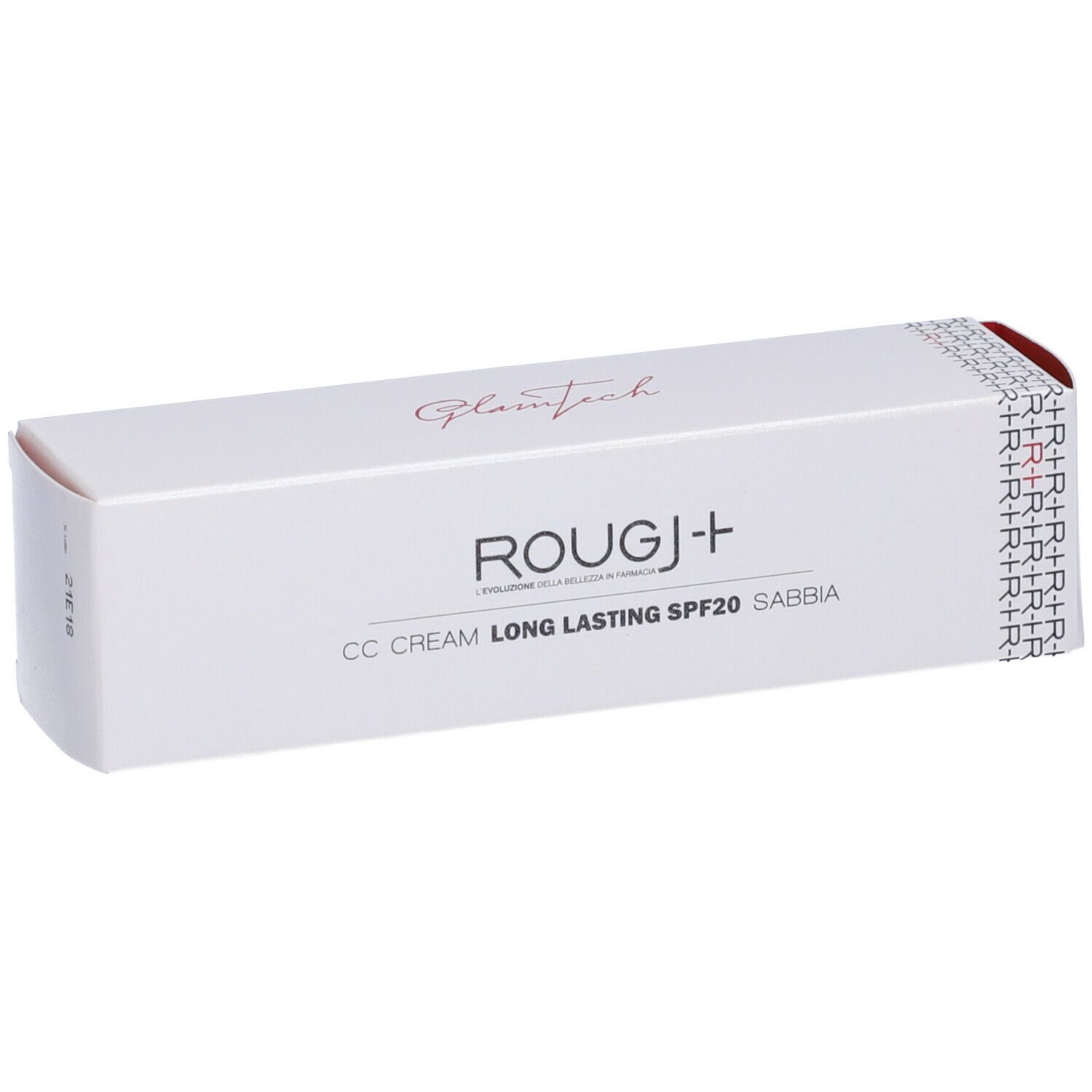 Confezione bianca con nome prodotto ROUGJ+ CC Cream Long Lasting SPF20 Sabbia. Scritta GlamTech.