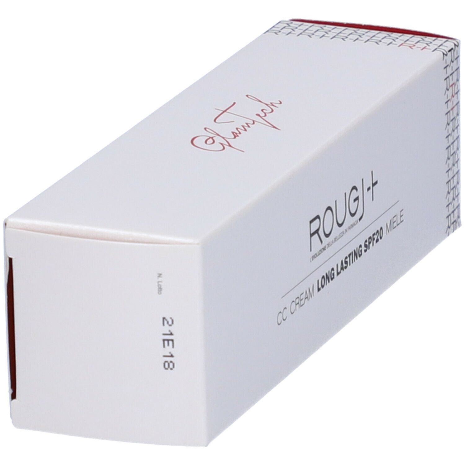 Vista obliqua della confezione bianca. ROUGJ+ CC Cream SPF20 Miele. Dettagli laterali e testo.