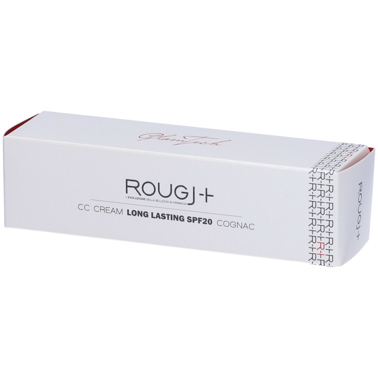 Confezione bianca ROUGJ+ CC CREAM LONG LASTING SPF20 COGNAC. Logo e dettagli rossi. Packaging cosmetico.