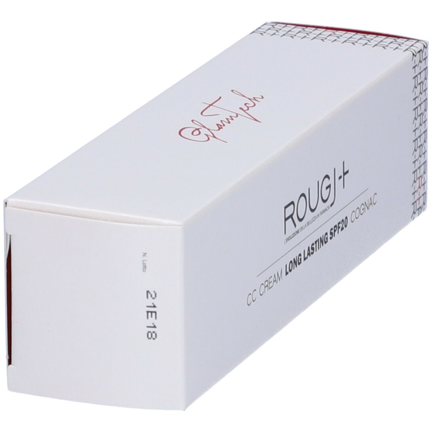 Vista obliqua della confezione bianca. ROUGJ+ CC CREAM LONG LASTING SPF20 COGNAC. Logo e testo.