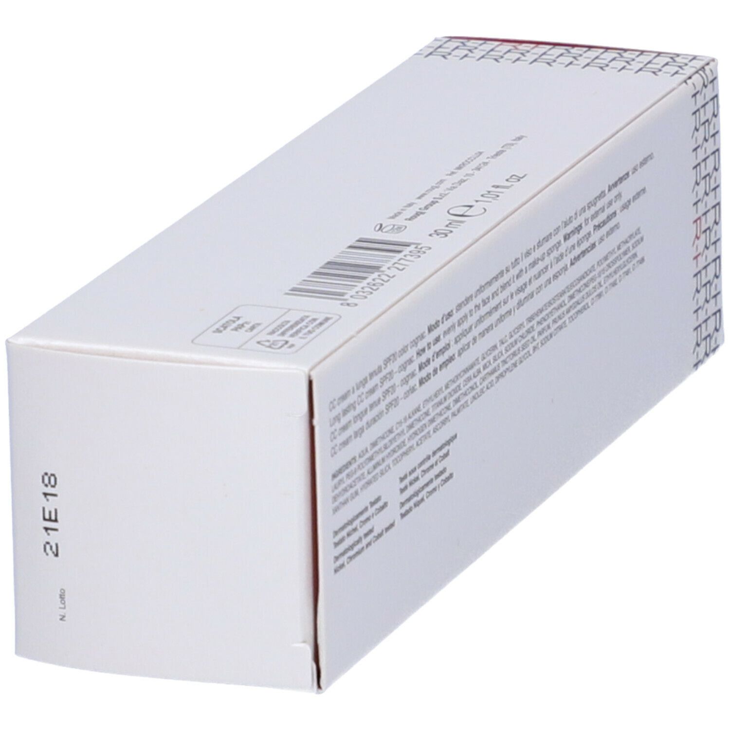 Vista obliqua della confezione con testo e codice a barre. ROUGJ+ CC CREAM LONG LASTING SPF20 COGNAC.