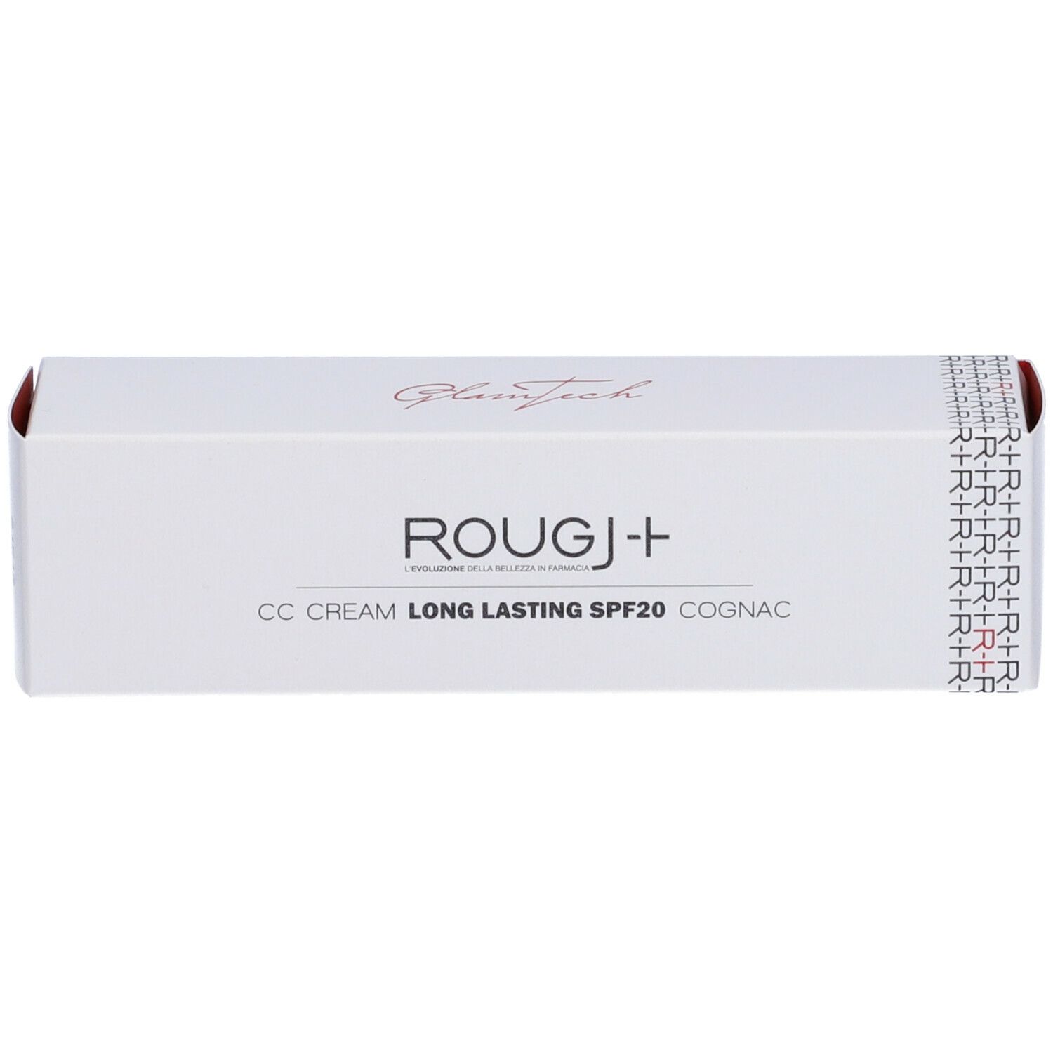 Confezione bianca ROUGJ+ CC CREAM LONG LASTING SPF20 COGNAC. Logo e dettagli rossi. Packaging cosmetico.