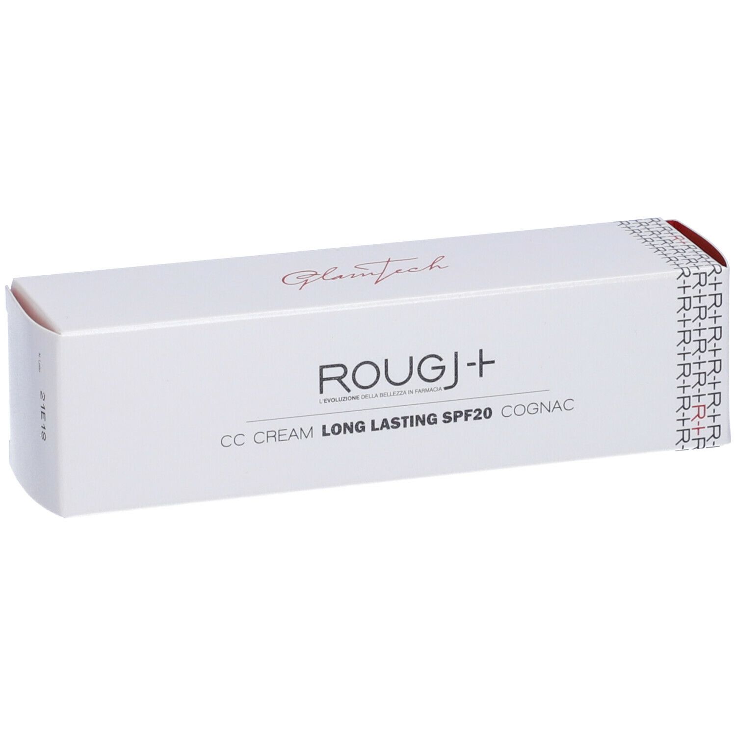 Confezione bianca ROUGJ+ CC CREAM LONG LASTING SPF20 COGNAC. Logo e dettagli rossi. Packaging cosmetico.