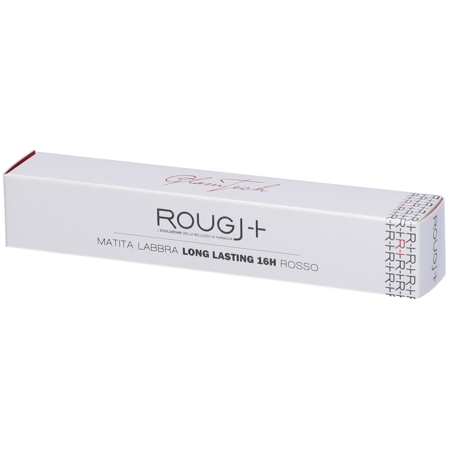 Confezione bianca con nome del prodotto e testo rosso. Scritto: ROUGJ+ Matita Labbra Long Lasting 16H Rosso.