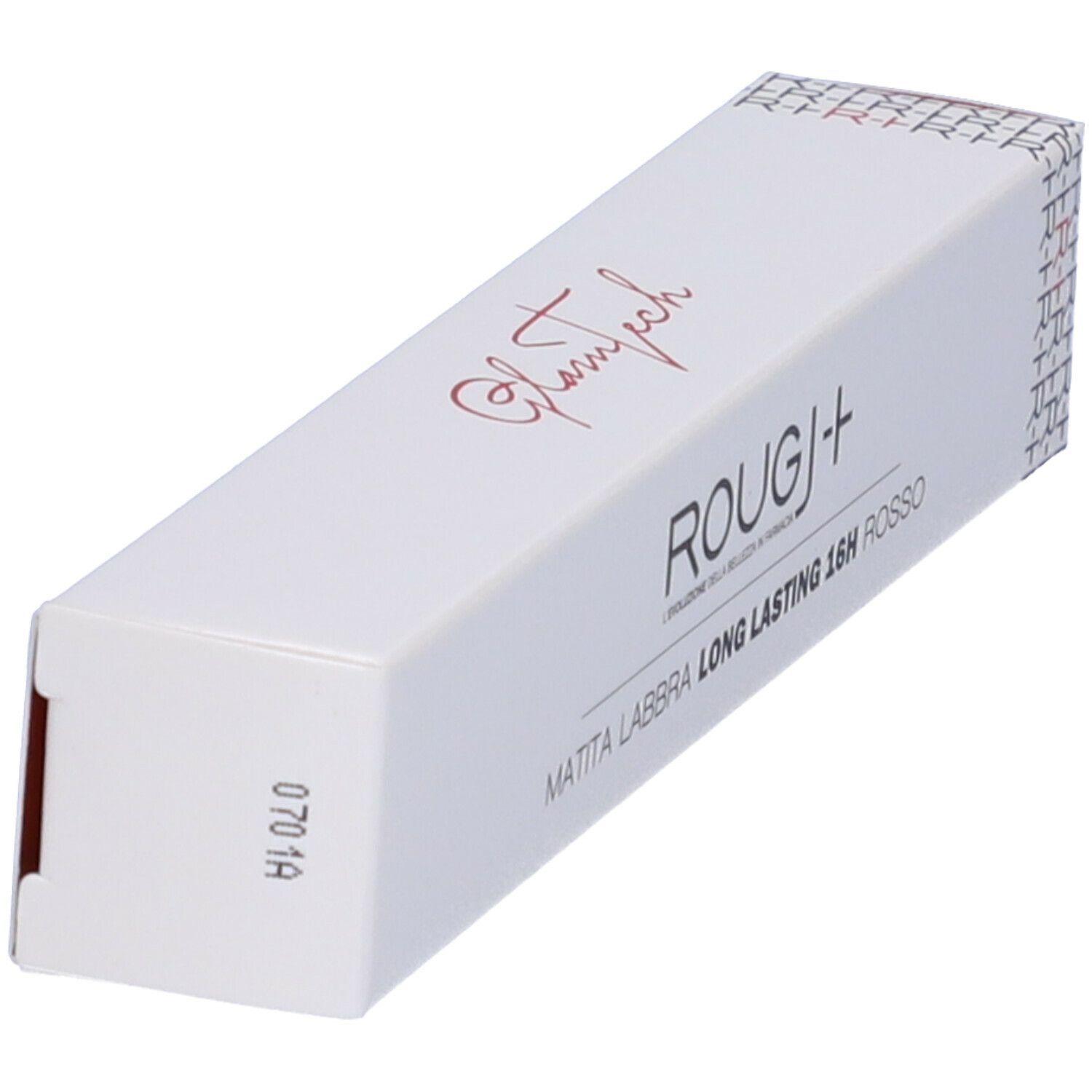 Confezione bianca, in diagonale. Scritto: ROUGJ+ Matita Labbra Long Lasting 16H Rosso. Codice 0701A.