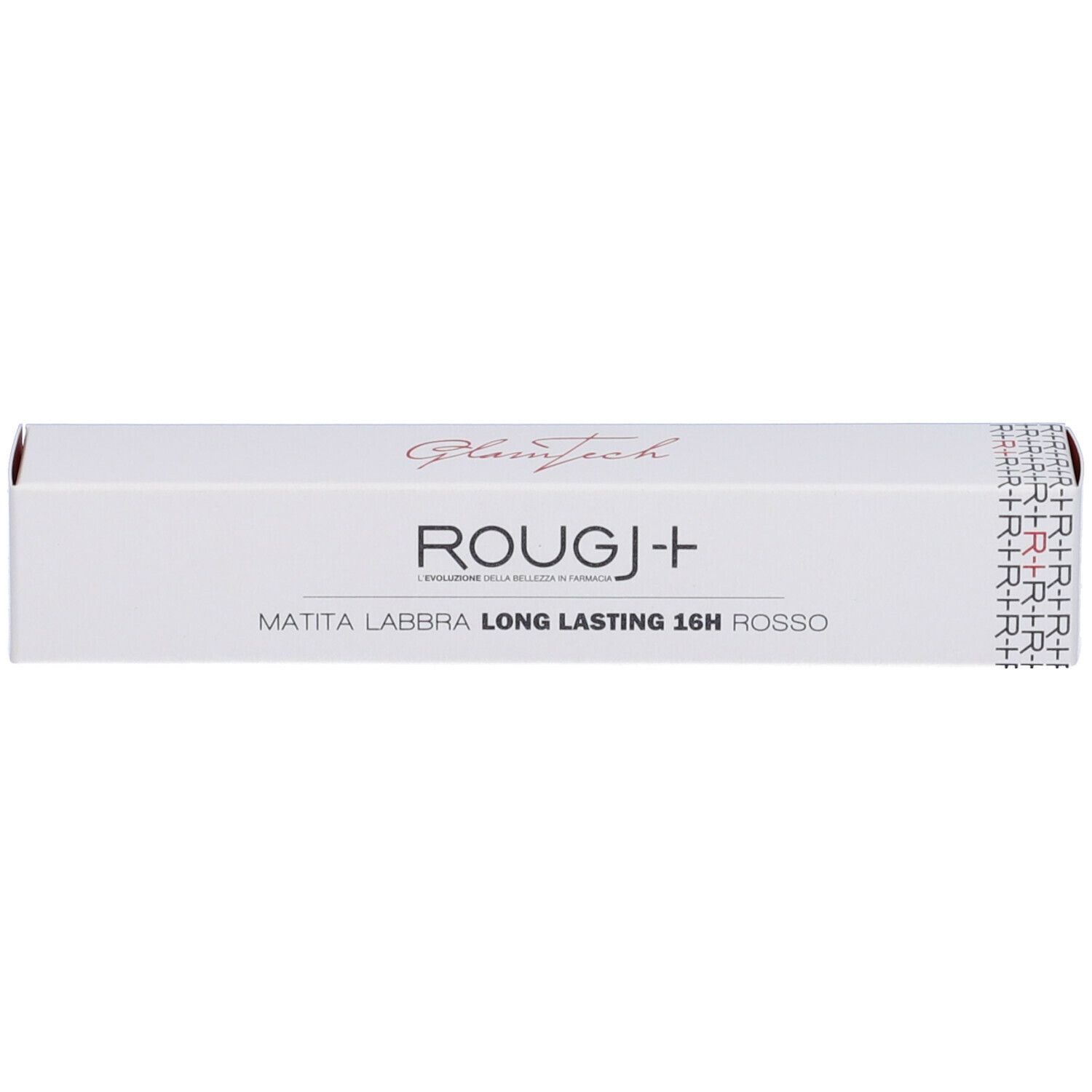 Confezione bianca con nome del prodotto e testo rosso. Scritto: ROUGJ+ Matita Labbra Long Lasting 16H Rosso.