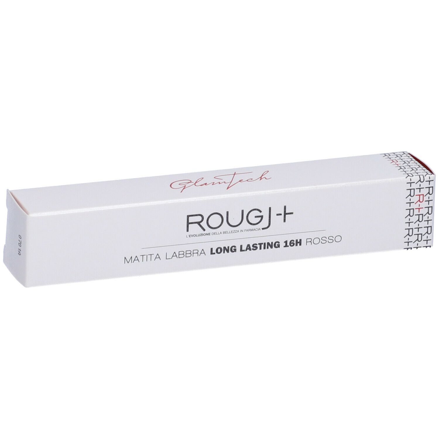 Confezione bianca con nome del prodotto e testo rosso. Scritto: ROUGJ+ Matita Labbra Long Lasting 16H Rosso.