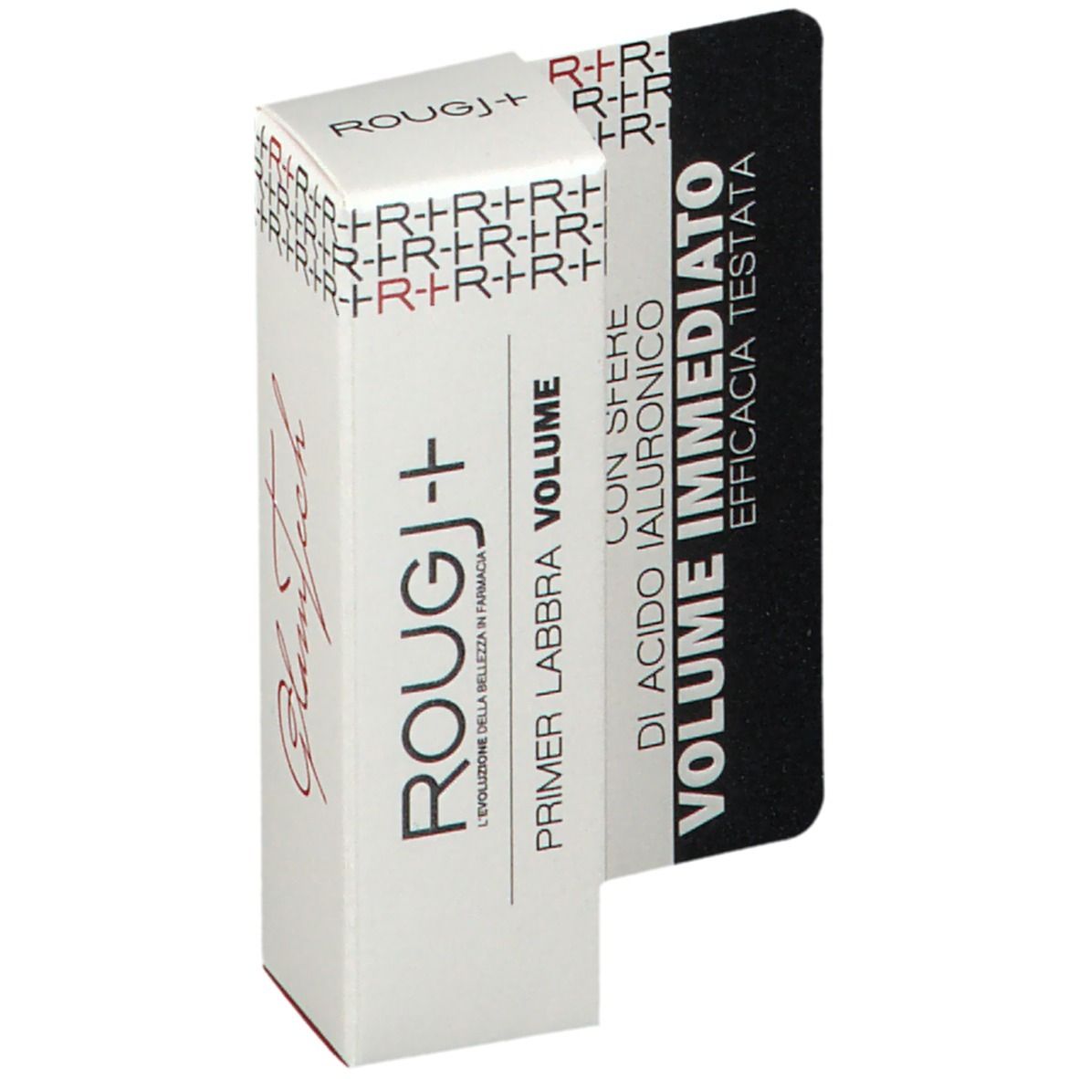Emballage de ROUGJ+ Lippengrundierung. Boîte blanche avec nom du produit et indication de volume. Autocollant noir avec texte.