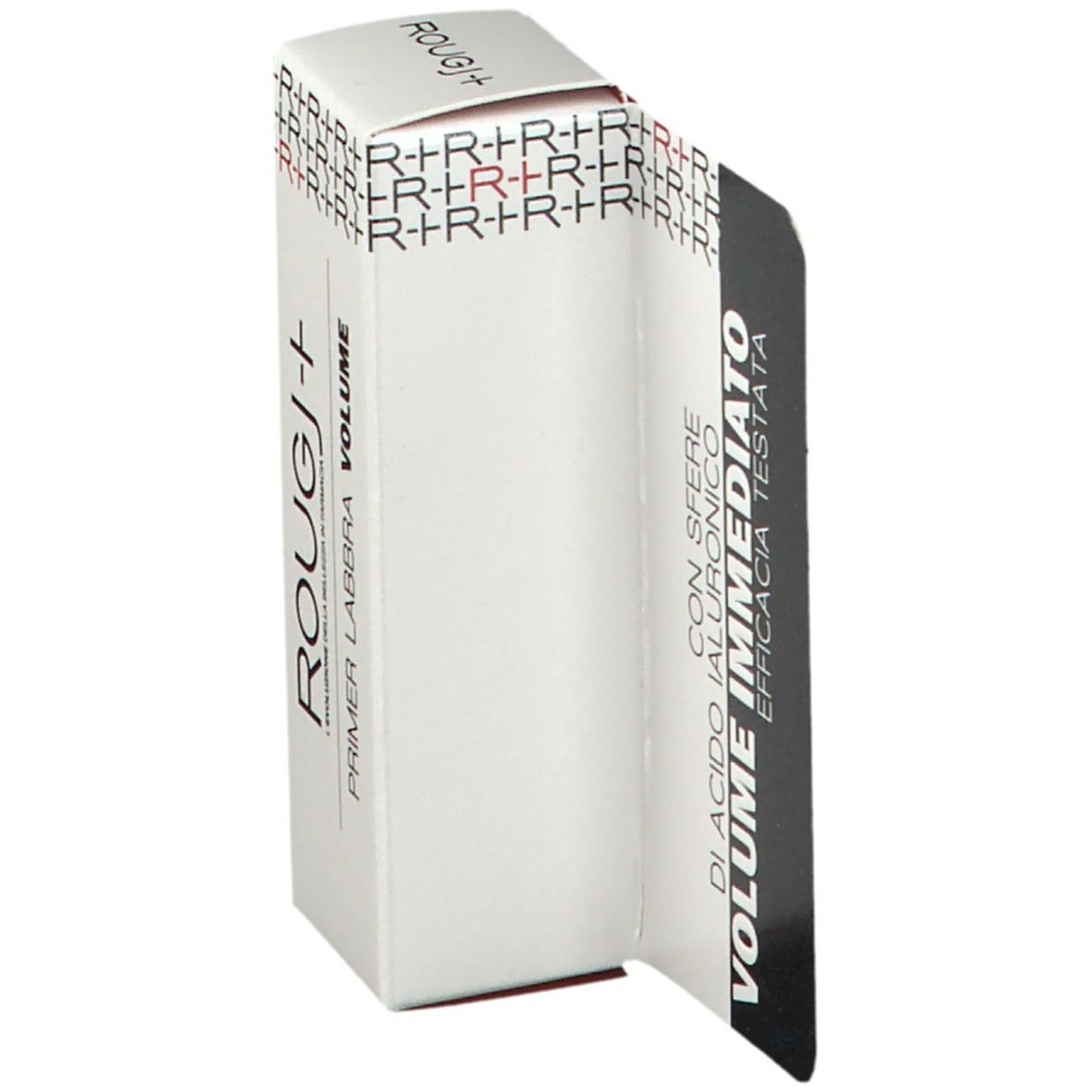 Emballage ROUGJ+ Lippengrundierung. Boîte blanche avec nom du produit et indication de volume. Rabat ouvert avec texte.
