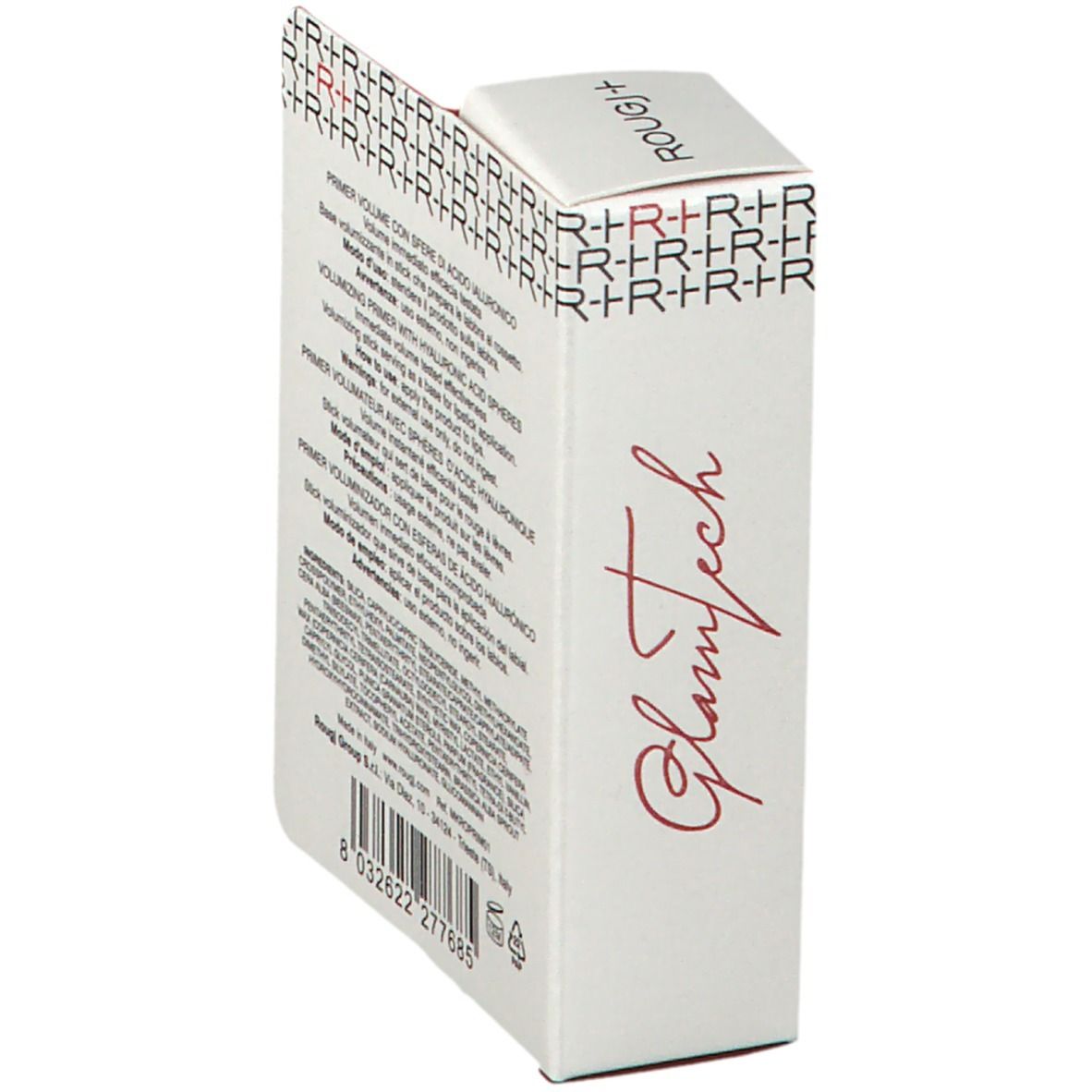Emballage ROUGJ+ Lippengrundierung. Boîte blanche avec nom du produit et Glamtech. Rabat ouvert.
