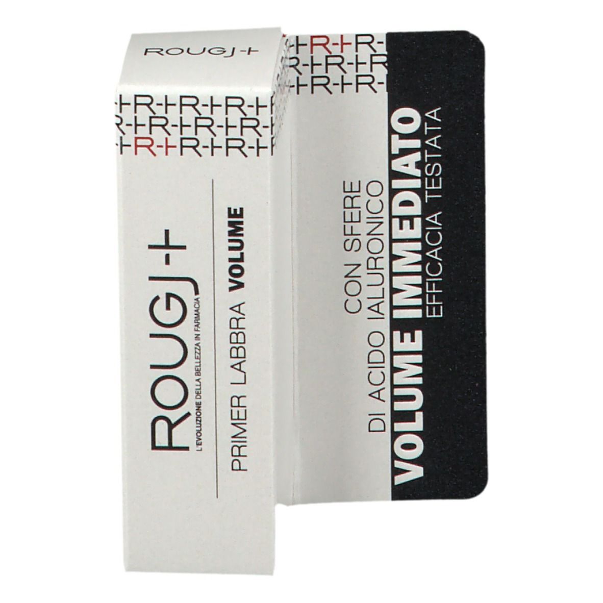 Emballage ROUGJ+ Lippengrundierung. Boîte blanche avec nom du produit et indication de volume. Autocollant noir avec texte.