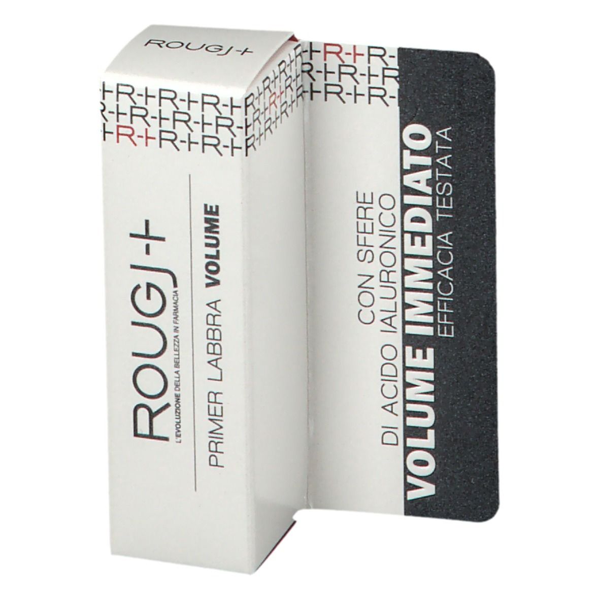 Emballage ROUGJ+ Lippengrundierung. Boîte blanche avec nom du produit et indication de volume. Rabat ouvert avec texte.