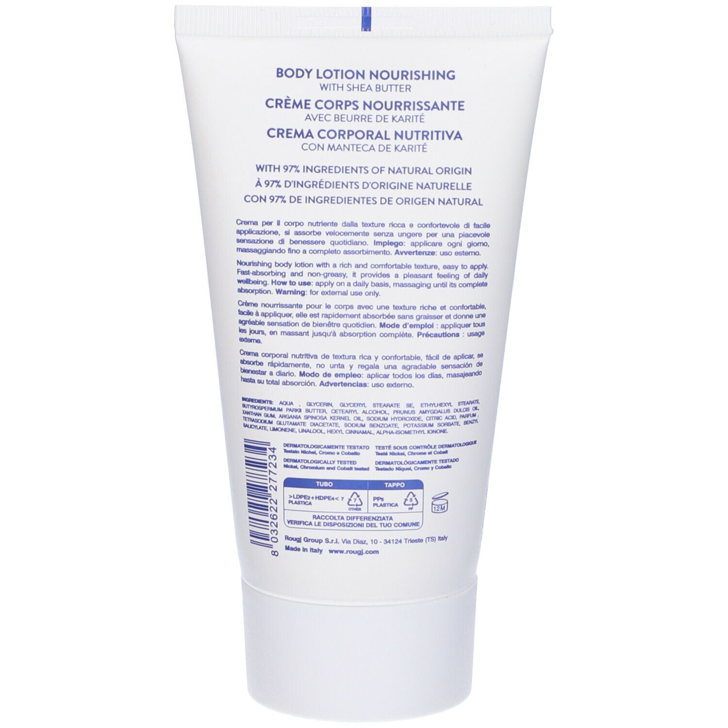 Retro del tubo di crema. Testo: Body Lotion Nourishing, Crème Corps Nourrissante, Crema Corporal Nutritiva. Ingredienti e istruzioni.
