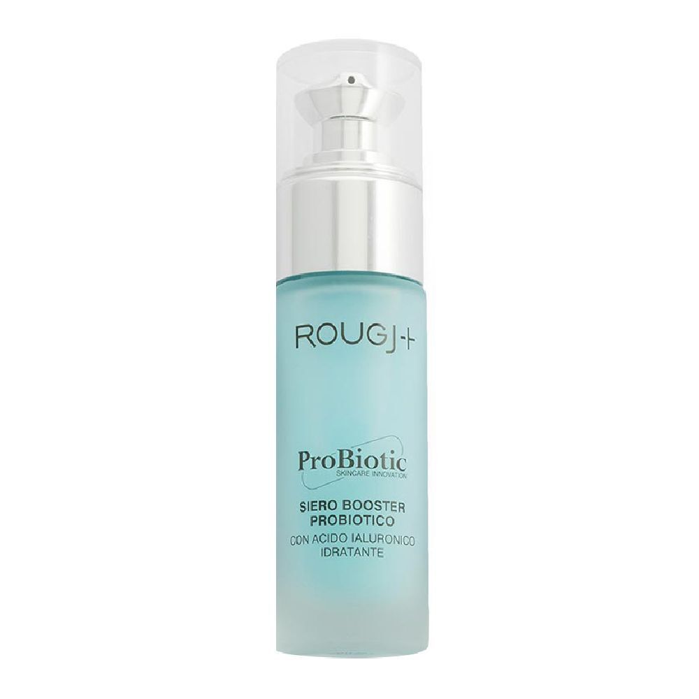 Blau-transparente Flasche mit silbernem Pumpkopf. Aufschrift: ROUGJ, ProBiotic, Serum mit Hyaluronsäure.