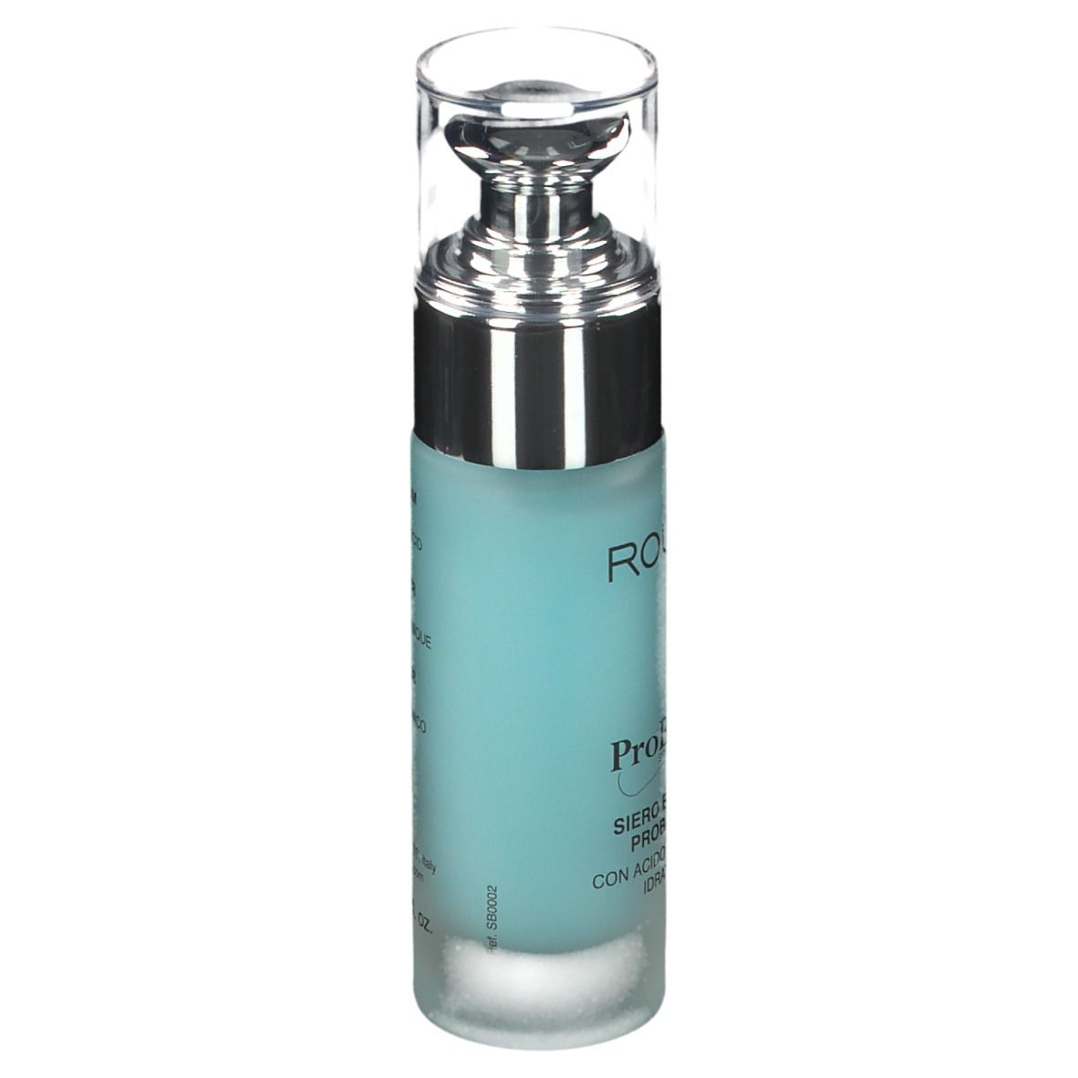 Blau-transparente Flasche mit silbernem Pumpkopf. Aufschrift: ROUGJ, ProBiotic, Serum mit Hyaluronsäure.