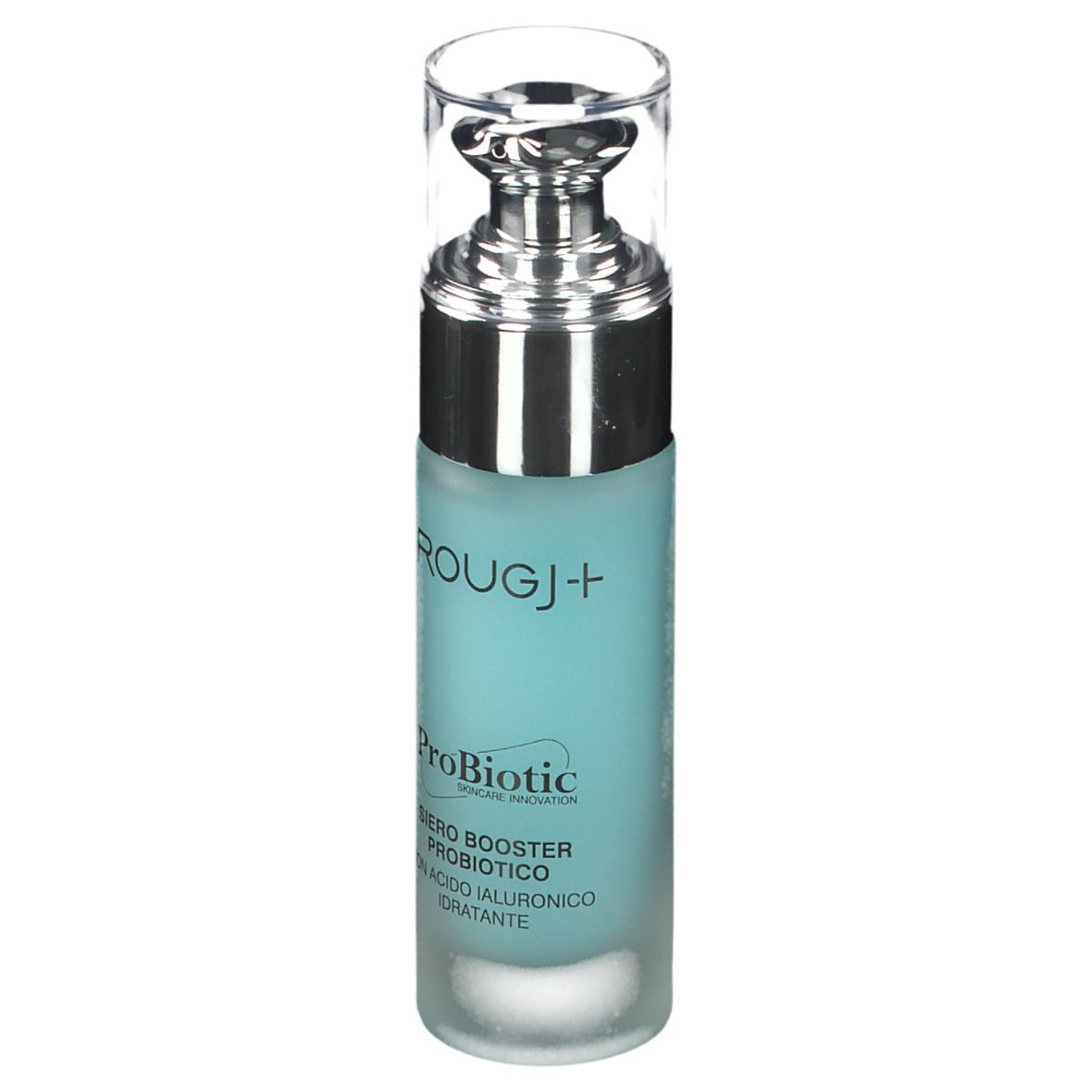 Blau-transparente Flasche mit silbernem Pumpkopf. Aufschrift: ROUGJ, ProBiotic, Serum mit Hyaluronsäure.