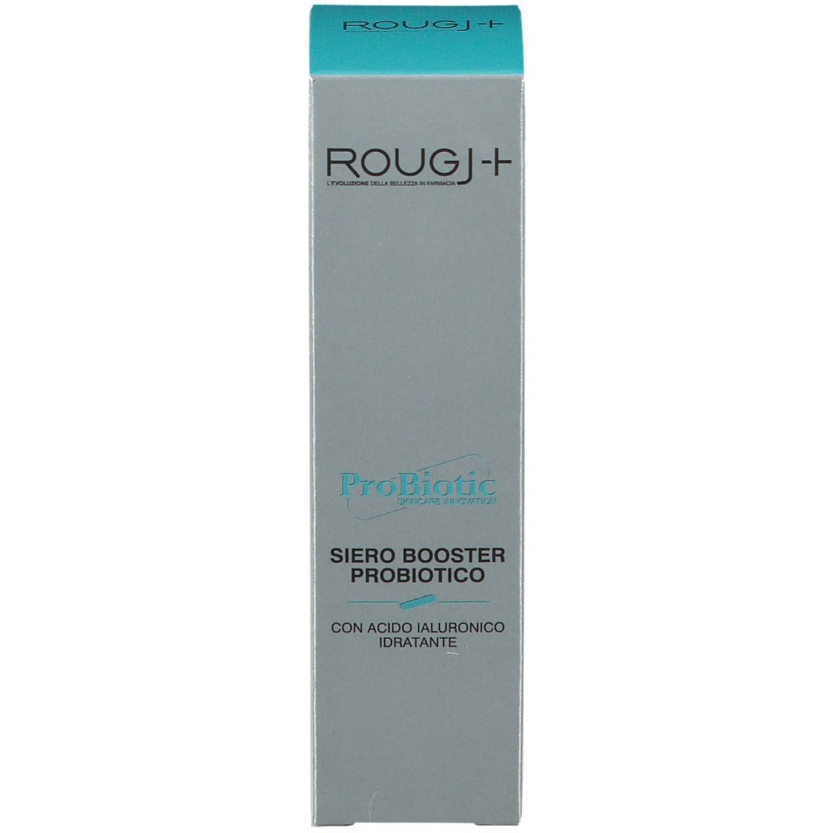 Graue Verpackung mit blauem Deckel. Aufschrift: ROUGJ, ProBiotic, Serum mit Hyaluronsäure.
