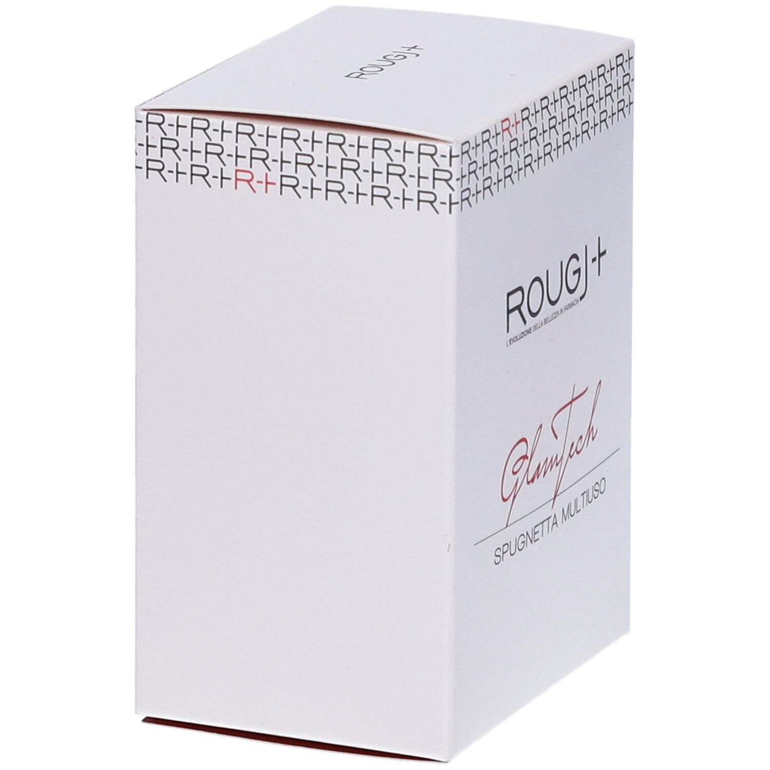 Scatola bianca con logo ROUGJ+ e scritta Glamtech. Scritta: Spugnetta multiuso.