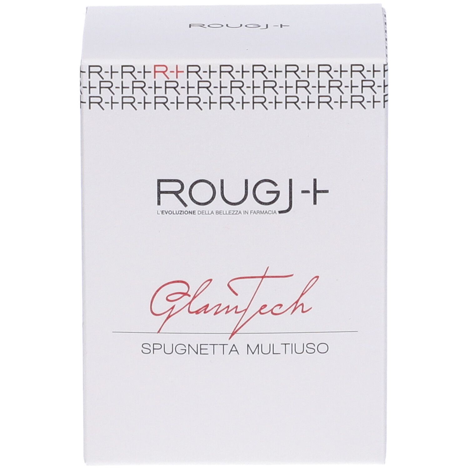 Scatola bianca con logo ROUGJ+ e scritta Glamtech. Scritta: Spugnetta multiuso.
