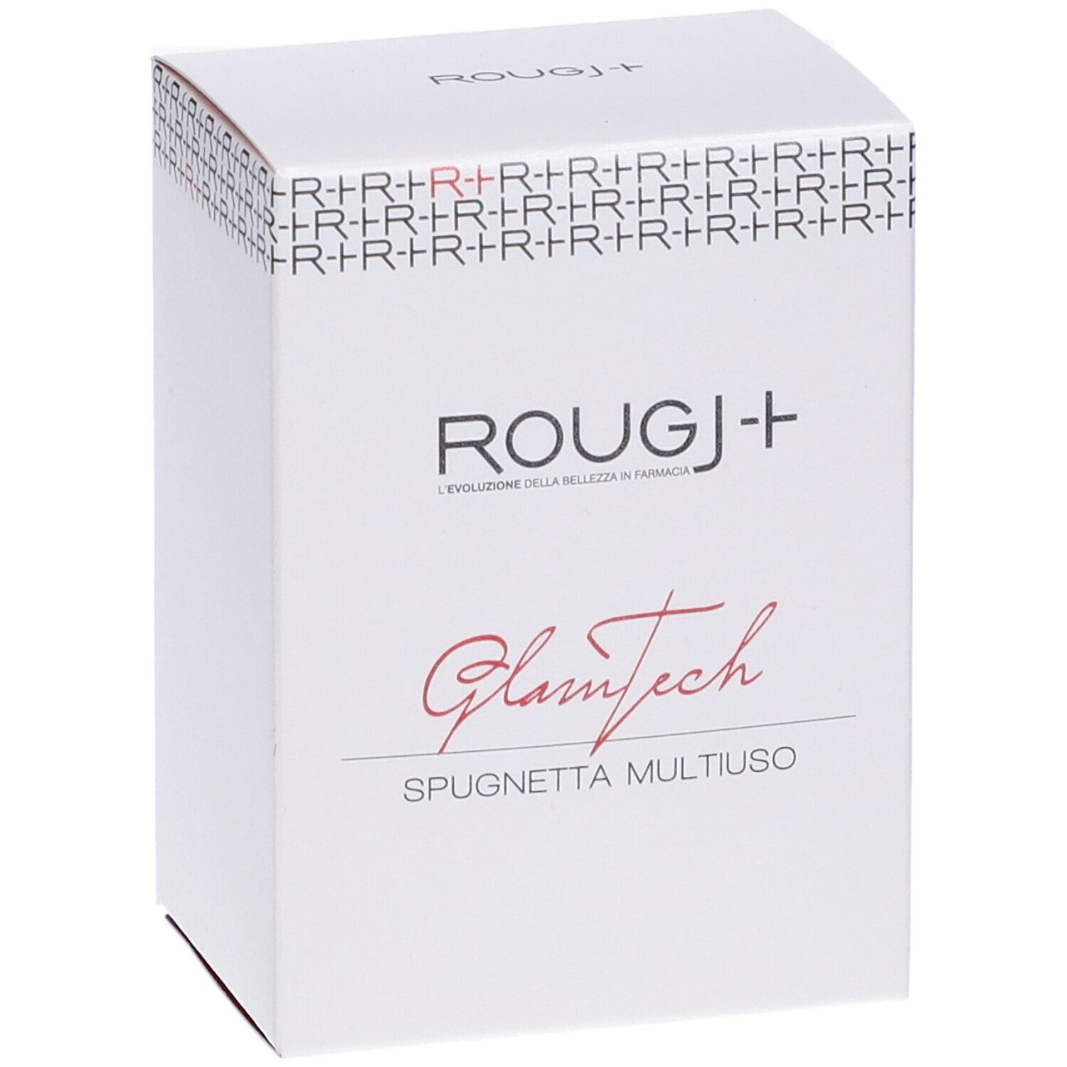 Scatola bianca con logo ROUGJ+ e scritta Glamtech. Scritta: Spugnetta multiuso.