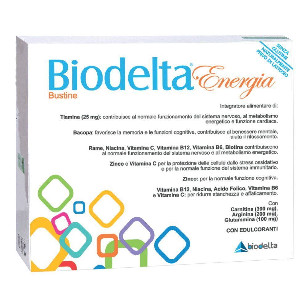 Scatola Biodelta Energia Bustine. Forme geometriche colorate. Testo in italiano. Senza glutine e lattosio.