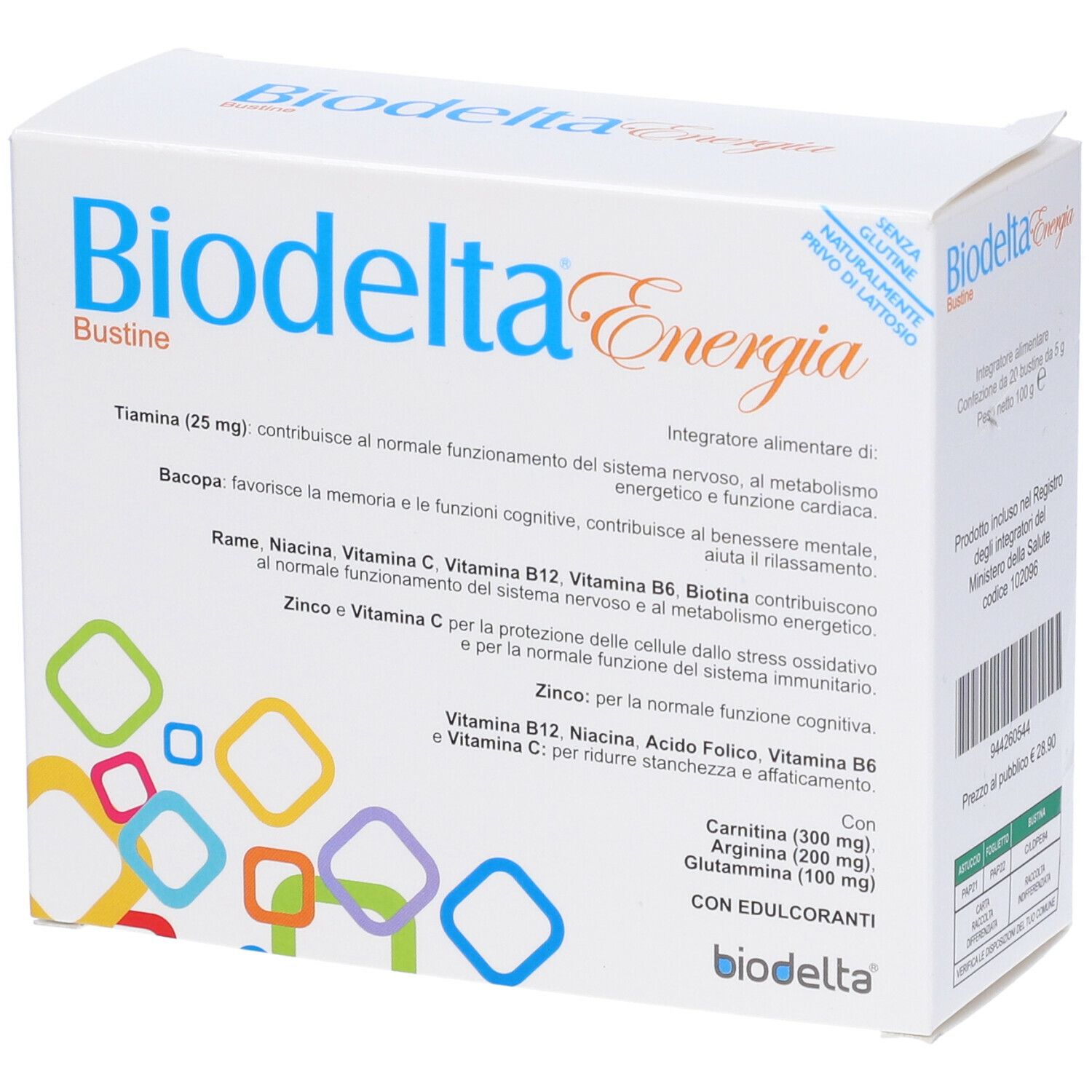 Scatola Biodelta Energia Bustine, angolata. Testo italiano. Senza glutine, senza lattosio. Informazioni prodotto.