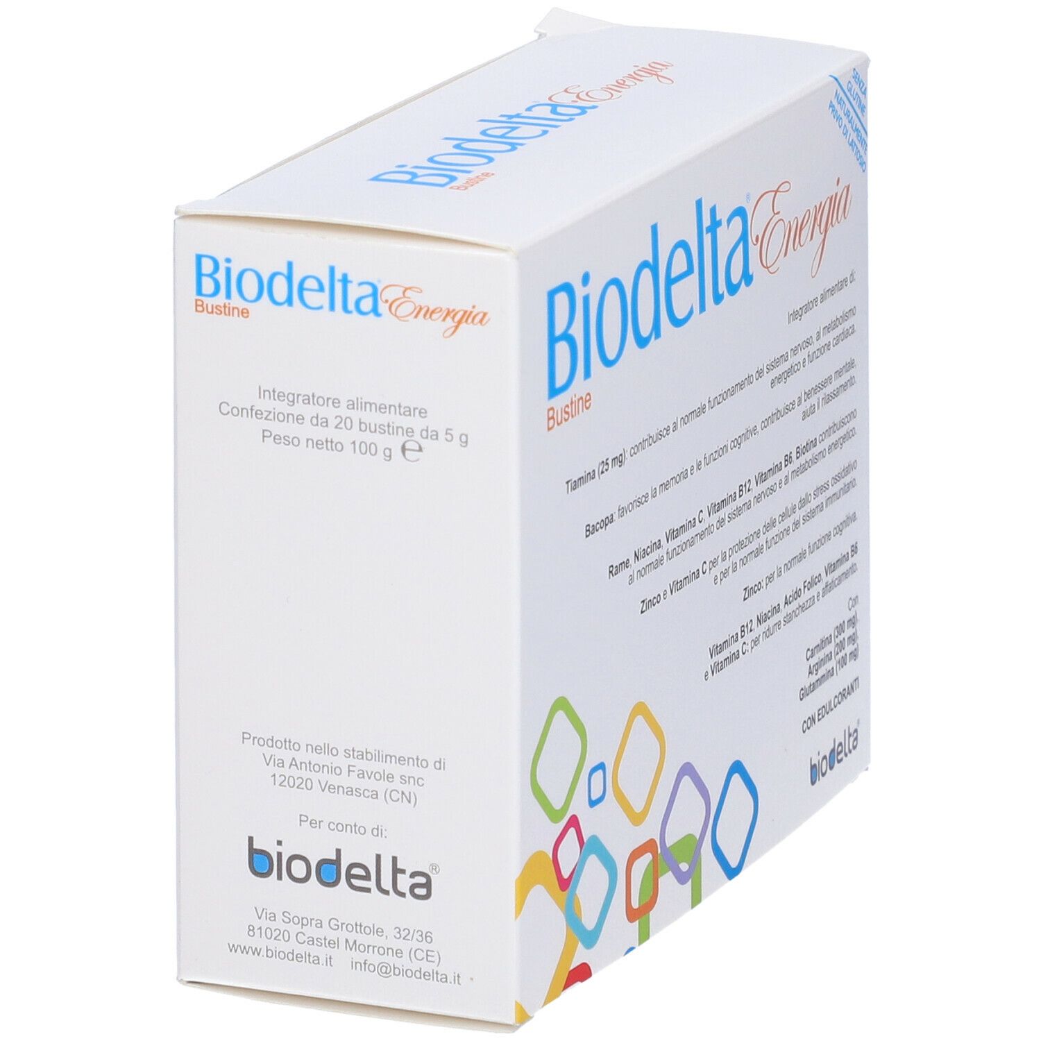 Scatola Biodelta Energia Bustine, angolata. Testo italiano. Informazioni e ingredienti del prodotto.