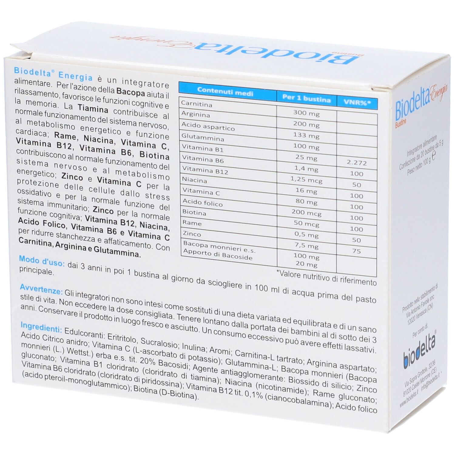 Scatola Biodelta Energia Bustine, angolata. Testo italiano. Informazioni e ingredienti del prodotto.