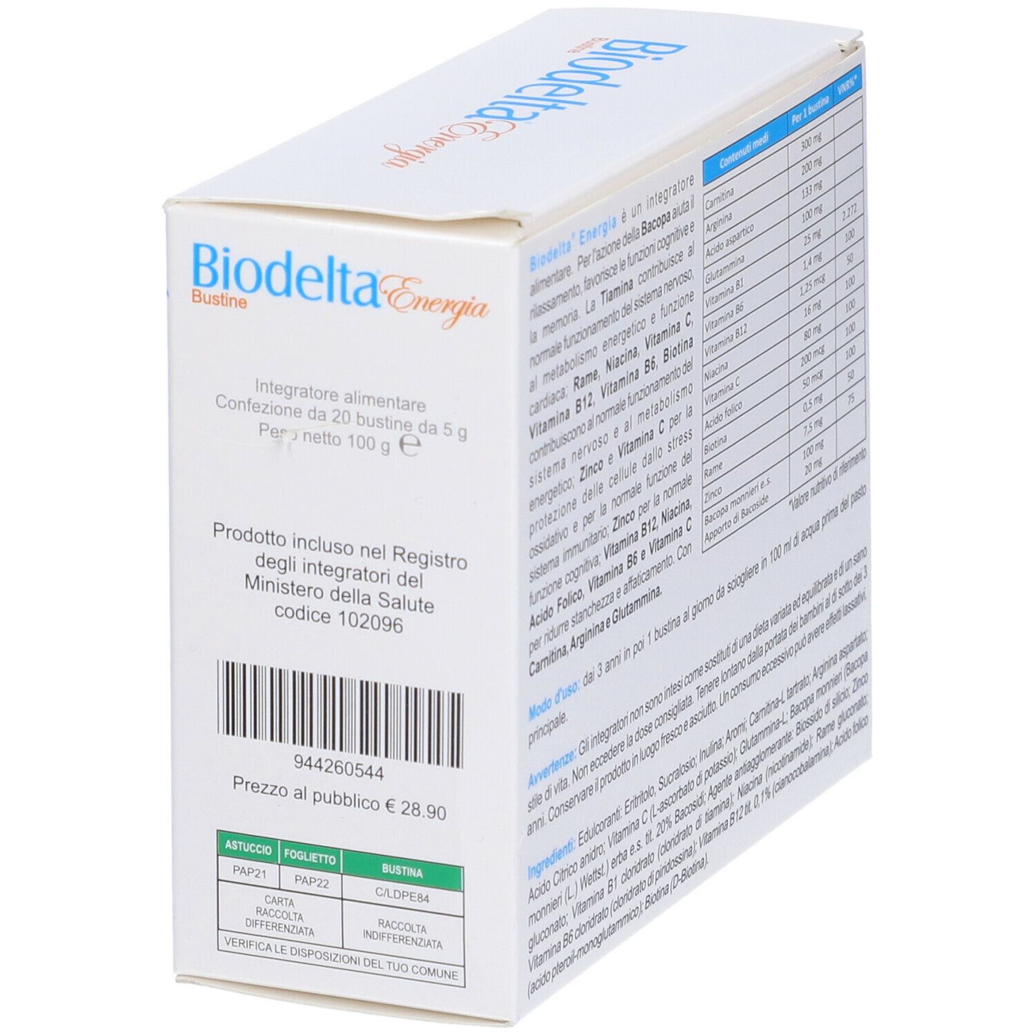 Scatola Biodelta Energia Bustine, angolata. Testo italiano. Informazioni e ingredienti del prodotto.