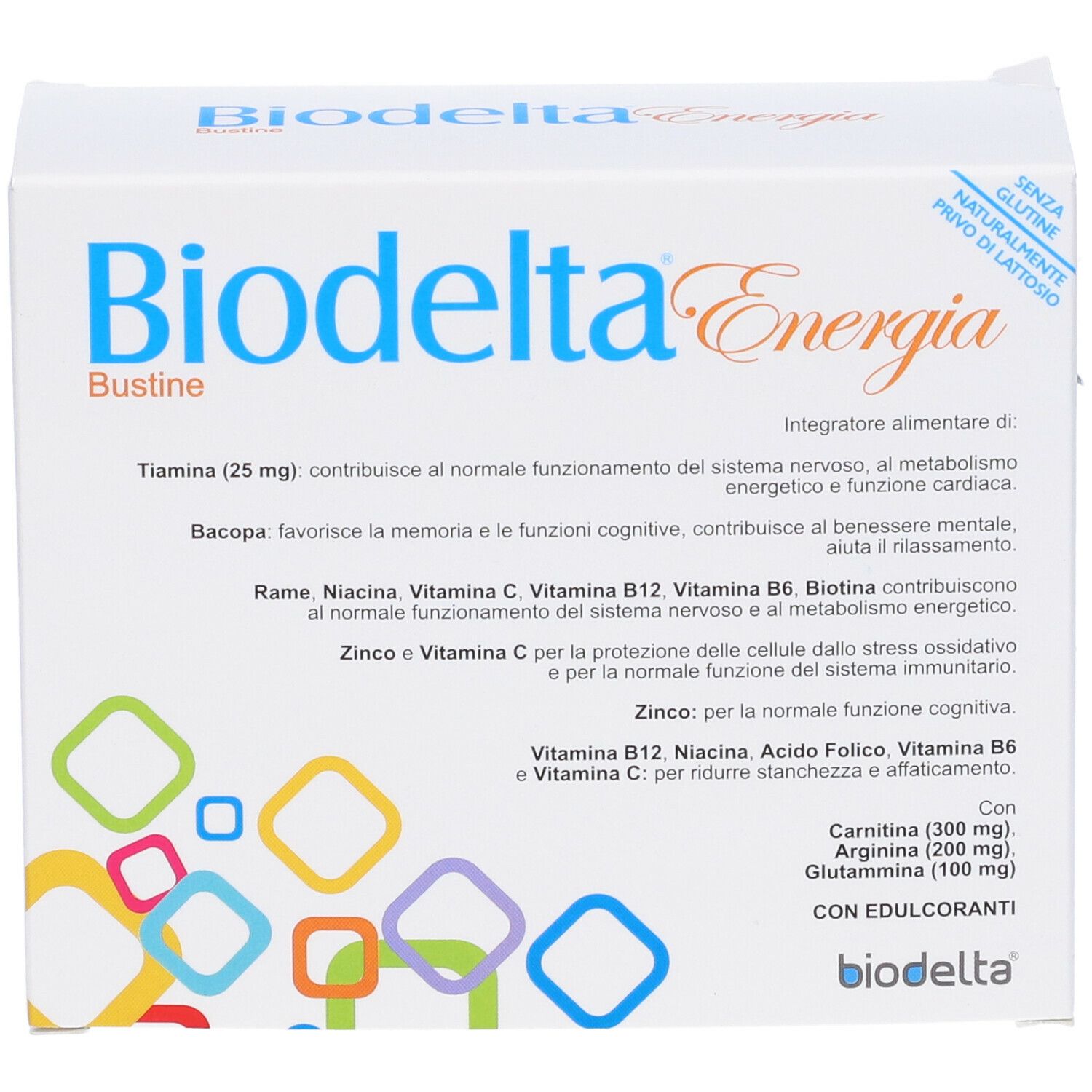 Scatola Biodelta Energia Bustine. Forme geometriche colorate. Testo in italiano. Senza glutine e lattosio.