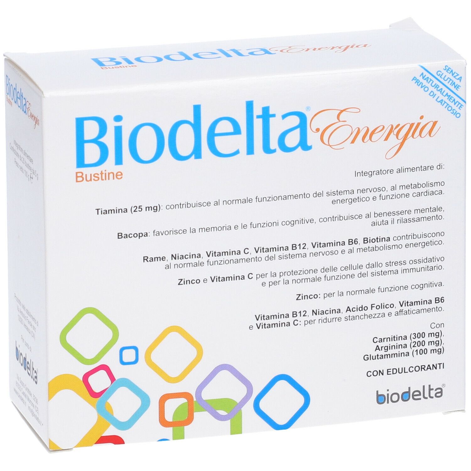 Scatola Biodelta Energia Bustine. Forme geometriche colorate. Testo in italiano. Senza glutine e lattosio.