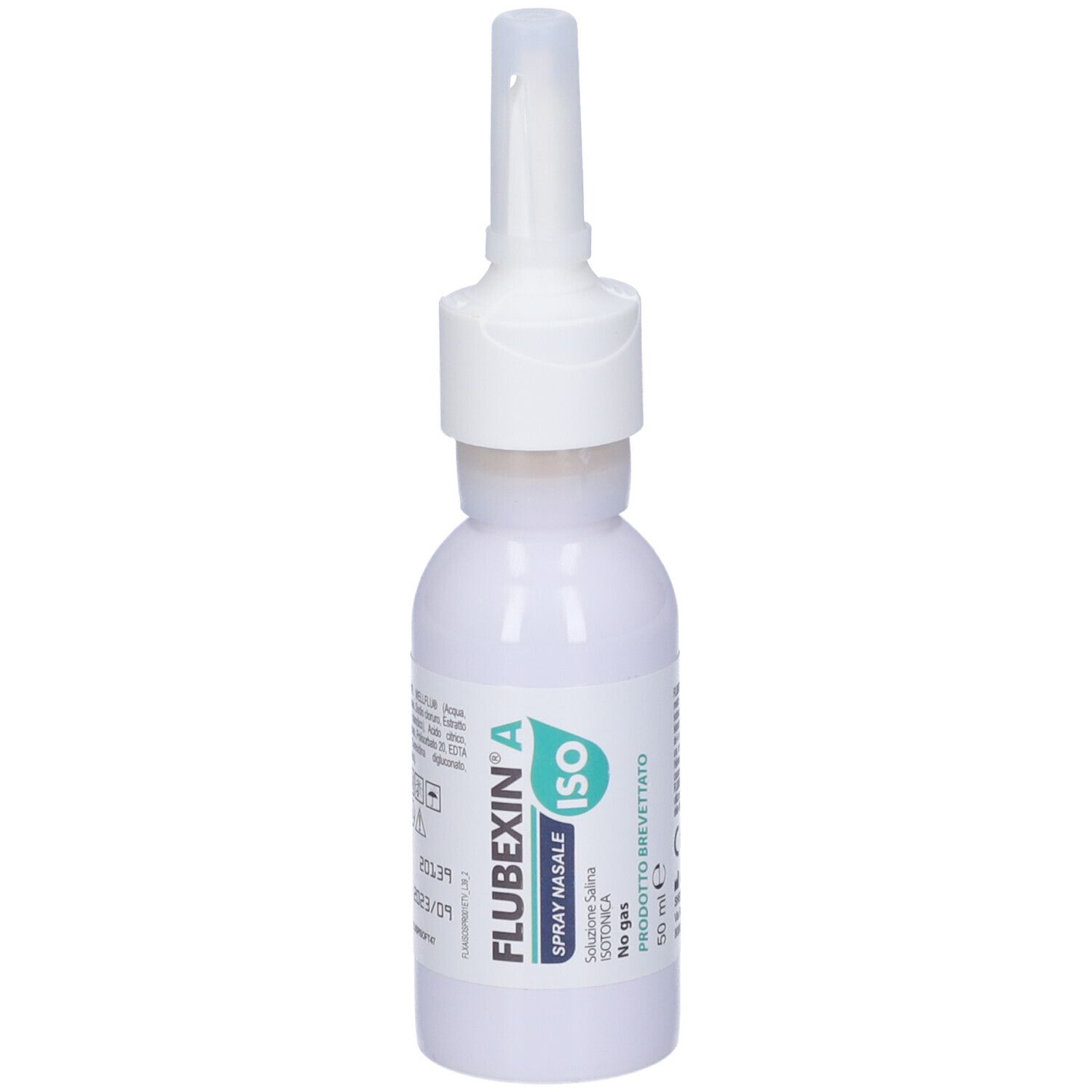 Flacone bianco con erogatore spray. Scritte: Flubexin A ISO Spray nasale. Stampe e loghi.