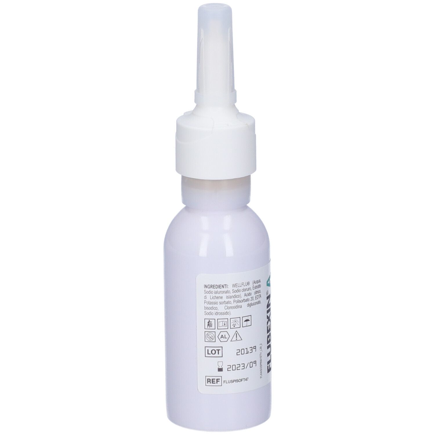 Flacone bianco con erogatore spray. Stampe con ingredienti, numero di lotto e data di scadenza.