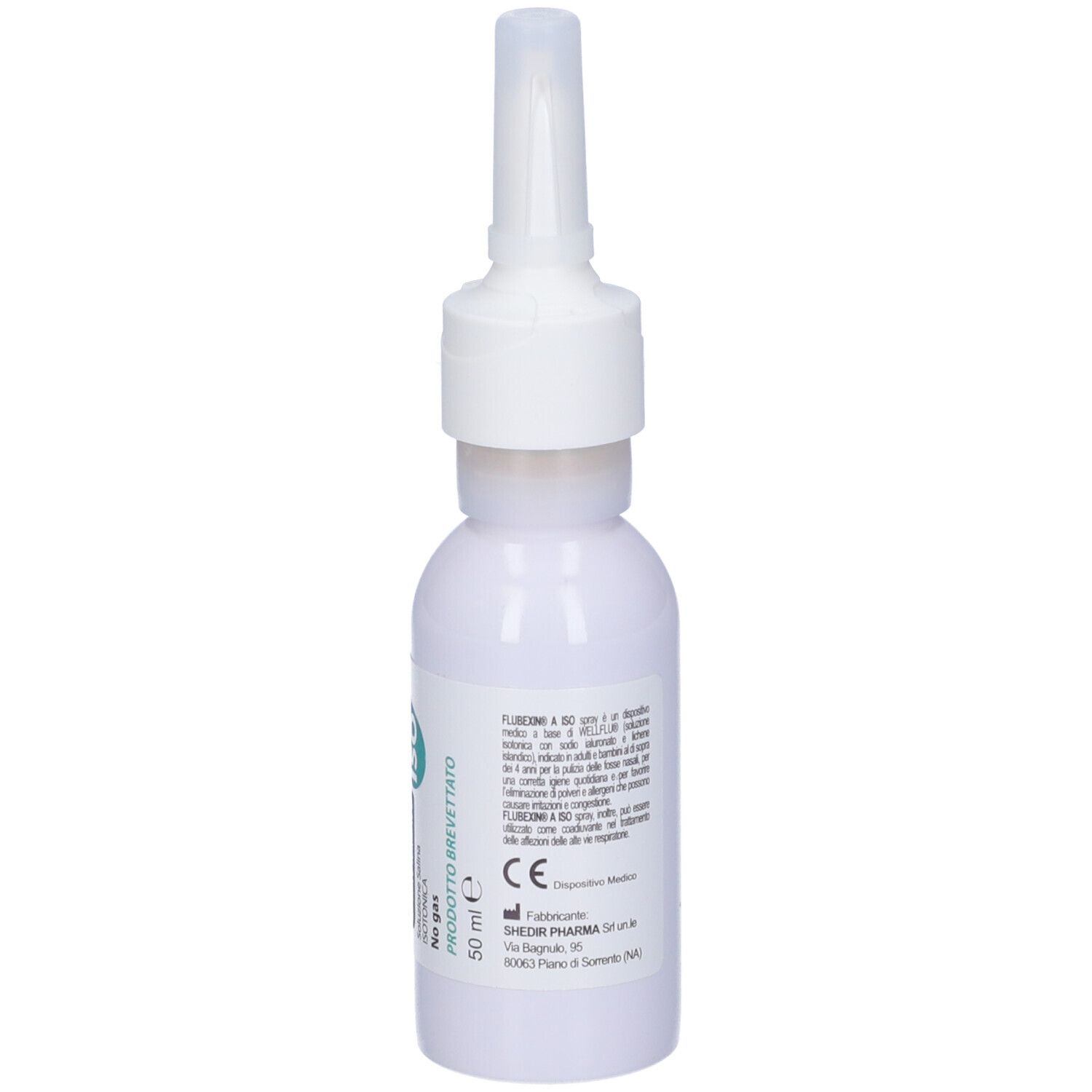Flacone bianco con erogatore spray. Stampe con ingredienti e marchio CE.