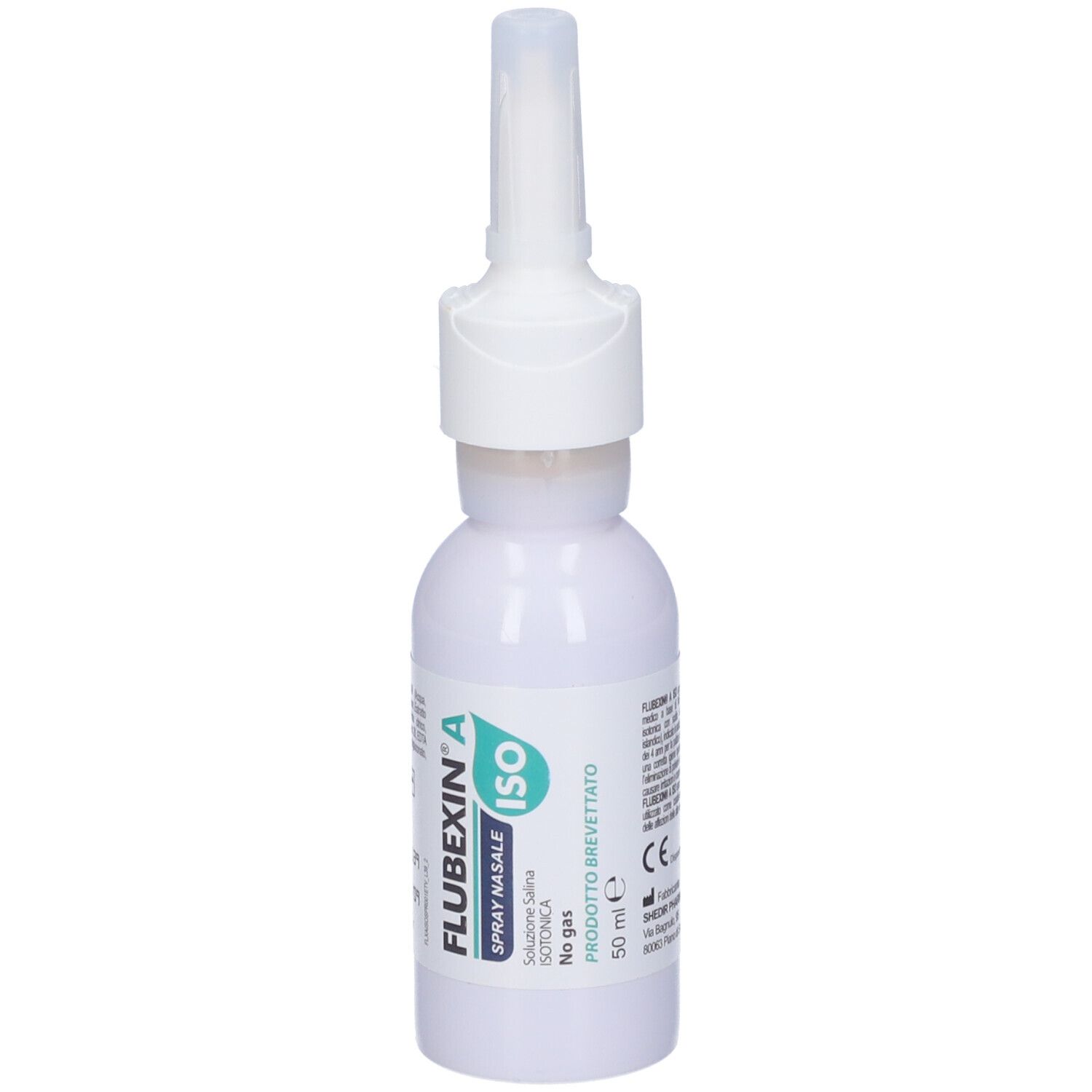 Flacone bianco con erogatore spray. Scritte: Flubexin A ISO Spray nasale. Loghi e scritte.