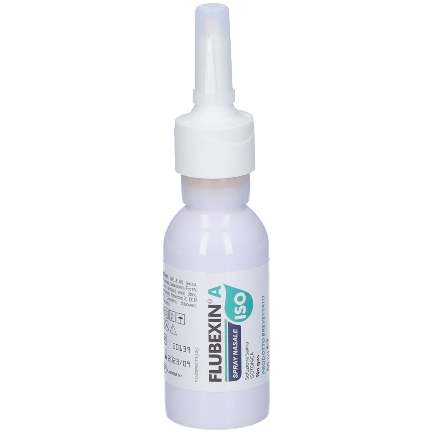 Flacone bianco con erogatore spray. Scritte: Flubexin A ISO Spray nasale. Loghi e scritte.