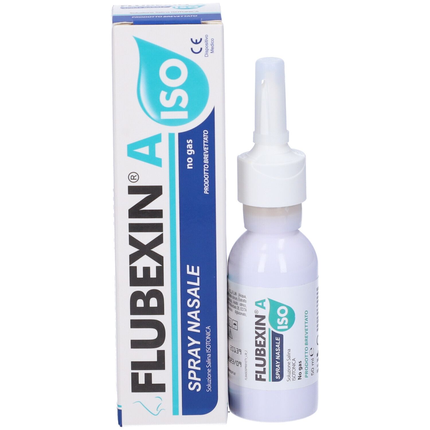 Prodotto e confezione. Flacone bianco con spray e scatola. Scritta: Flubexin A ISO.