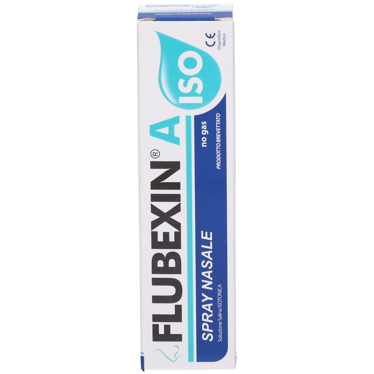 Confezione in cartone. Scritta: Flubexin A ISO Spray nasale. Loghi e informazioni sul prodotto.