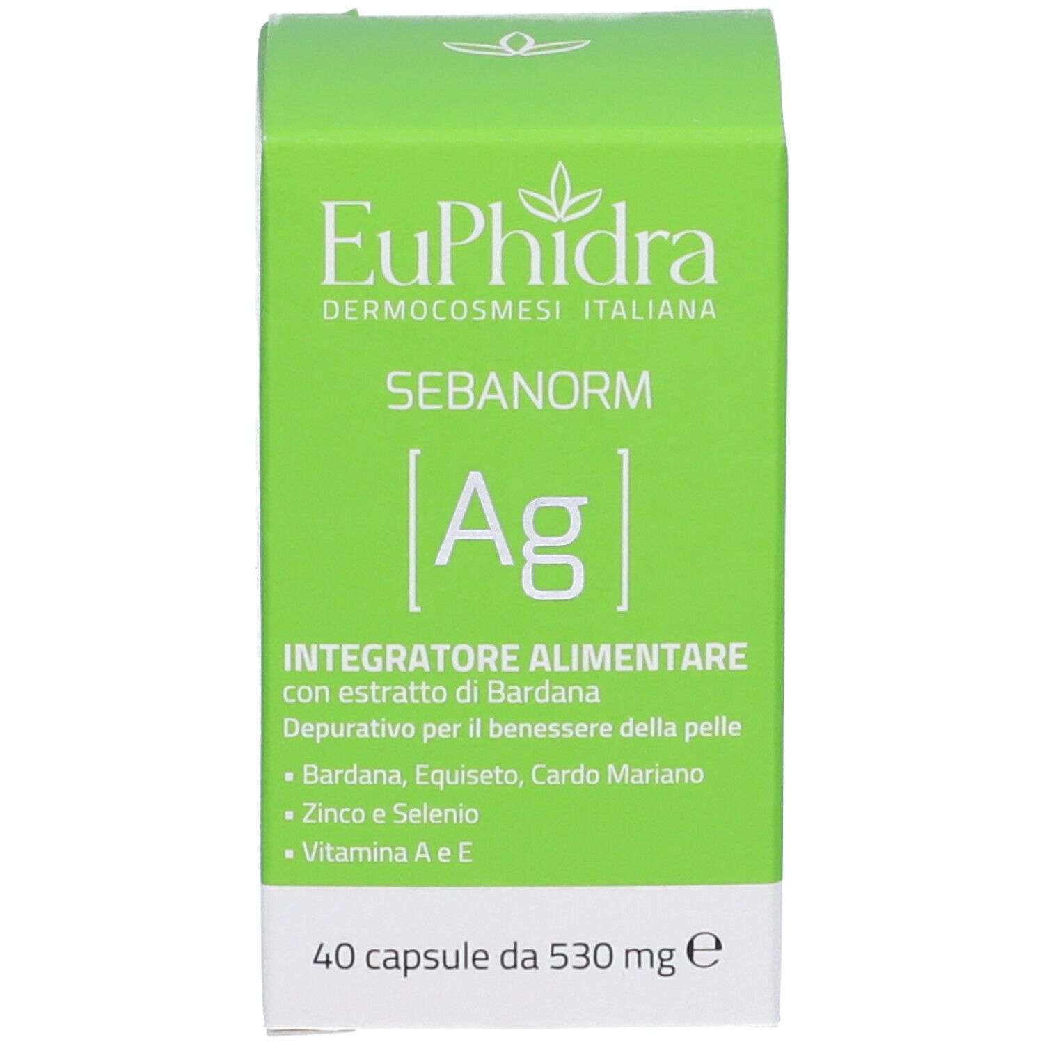 Scatola verde con nome prodotto e ingredienti. Contiene 40 capsule.