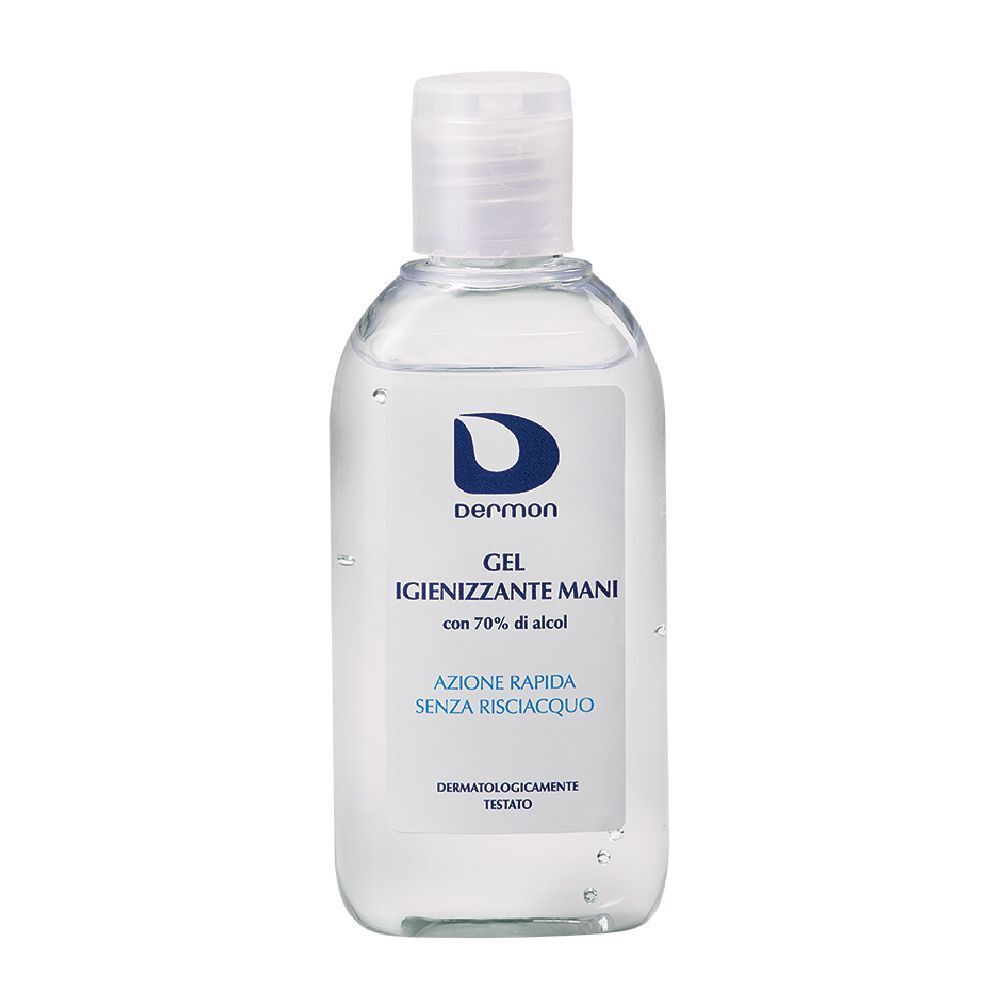 Flacone trasparente con etichetta bianca. Scritta: Dermon Gel Igienizzante Mani. Con 70% di alcol. Dermatologicamente testato.