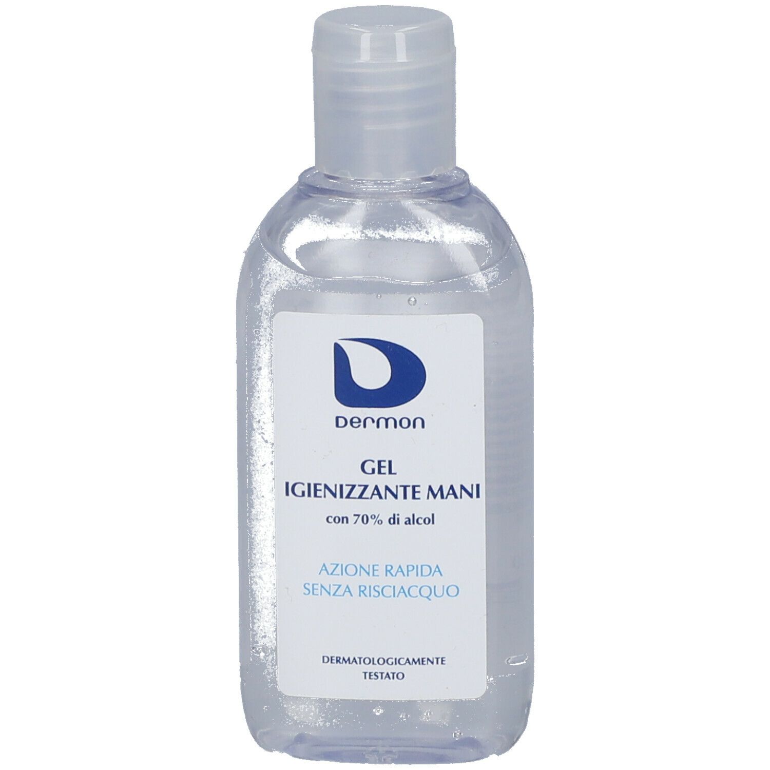 Flacone trasparente con etichetta bianca. Scritta: Dermon Gel Igienizzante Mani. Con 70% di alcol. Dermatologicamente testato.
