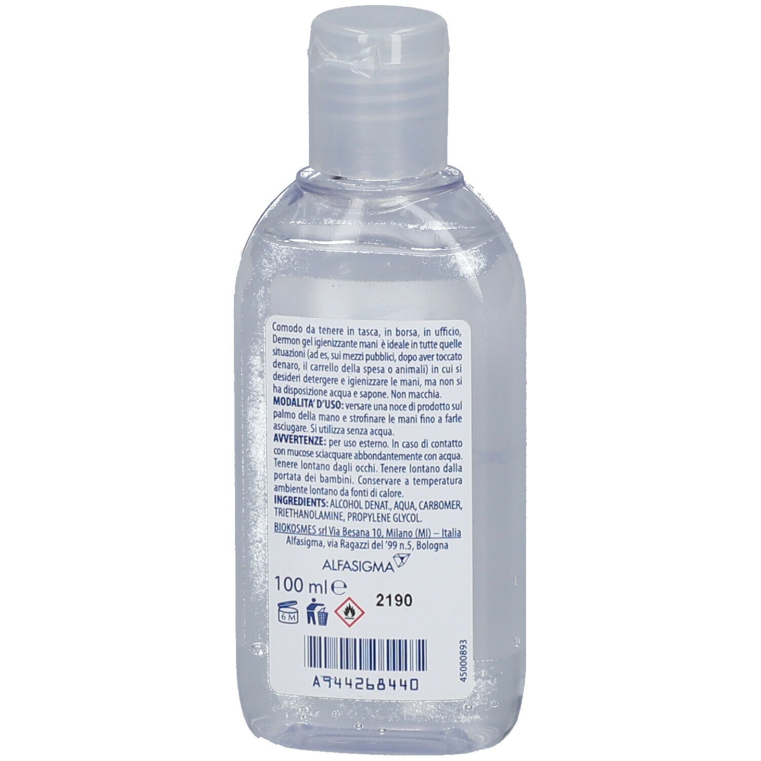 Retro del flacone trasparente. Contiene testo e informazioni. 100 ml. Sono indicati anche avvertenze e ingredienti.