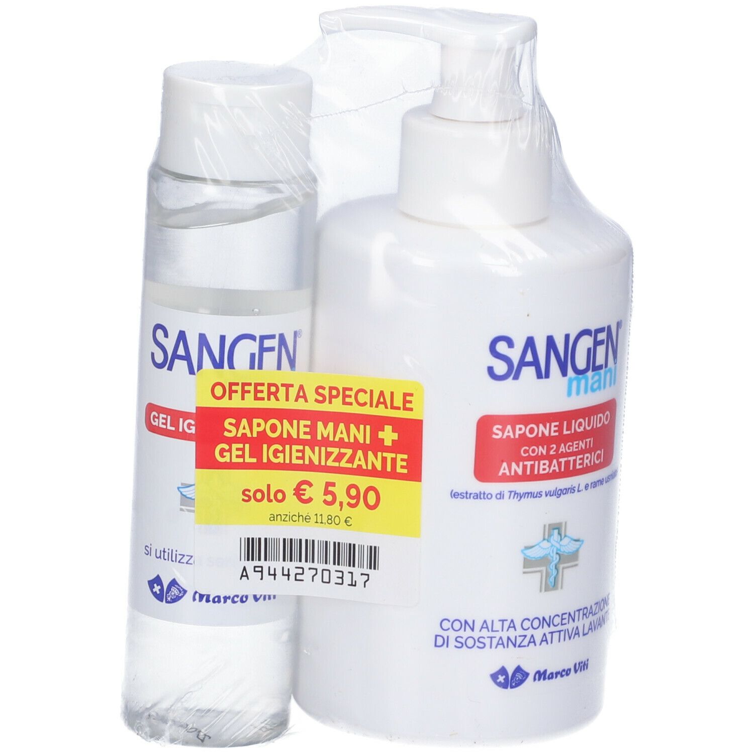 Set Sangen sapone mani e gel. Flaconi bianchi con dosatore e flacone piccolo. Etichetta prezzo gialla.