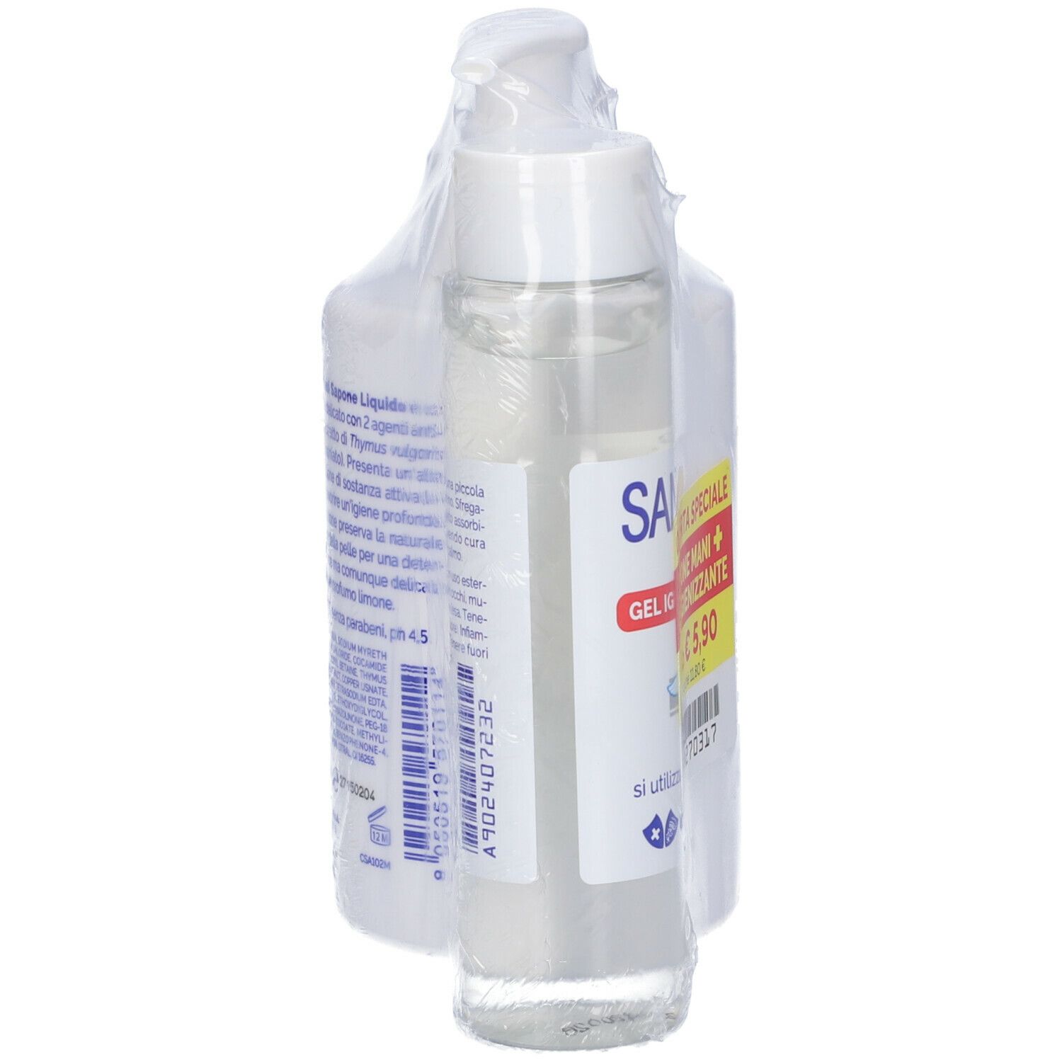 Set Sangen sapone e gel. Vista posteriore dei flaconi. Testo in italiano. Liquidi trasparenti.