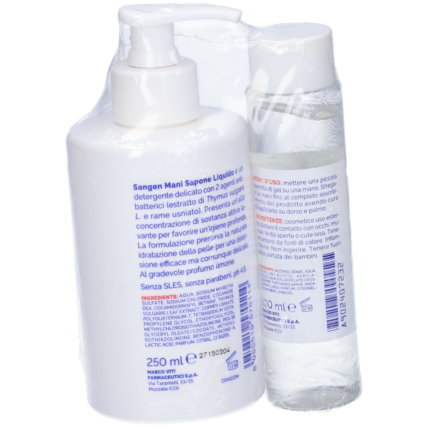 Set Sangen sapone e gel. Vista posteriore dei flaconi. Testo in italiano. Ingredienti e istruzioni.